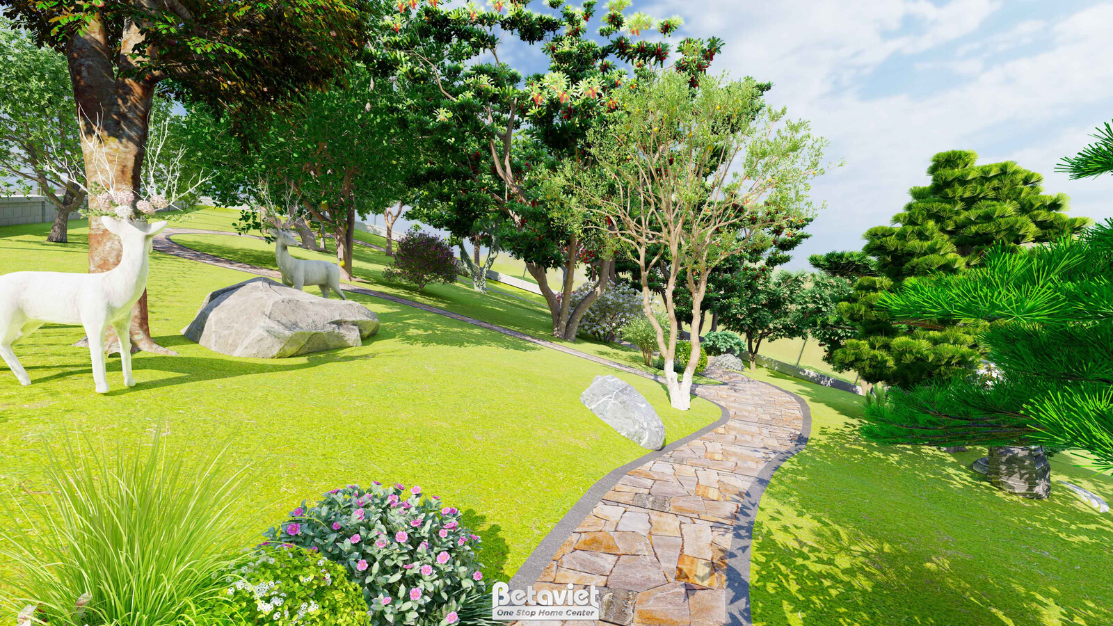 Lối đi lát gạch uốn lượn qua thảm cỏ, điểm nhấn tượng hươu trắng và cụm đá tảng tự nhiên, xen kẽ cây tùng tạo dáng và khóm…