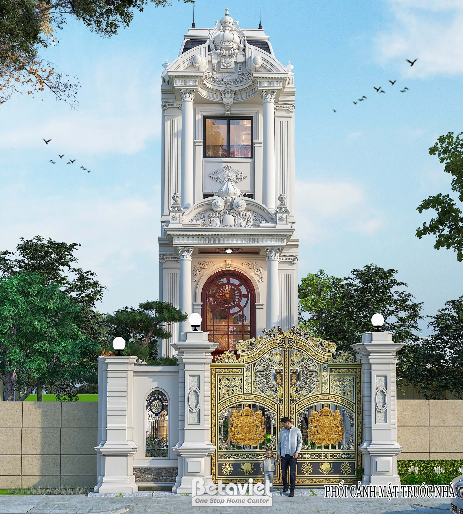 Phối cảnh mặt tiền biệt thự nhìn thẳng ban ngày, cột Corinthian cao vút đỡ khối đỉnh mái chạm phù điêu, cổng sắt mỹ thuật…