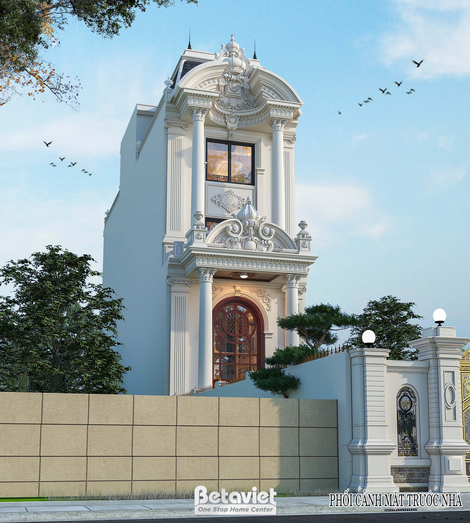 Góc nhìn xéo bên hông công trình, thể hiện khối tum mái mansard nhô cao, ban công sắt mỹ thuật lặp lại theo từng tầng, mản…