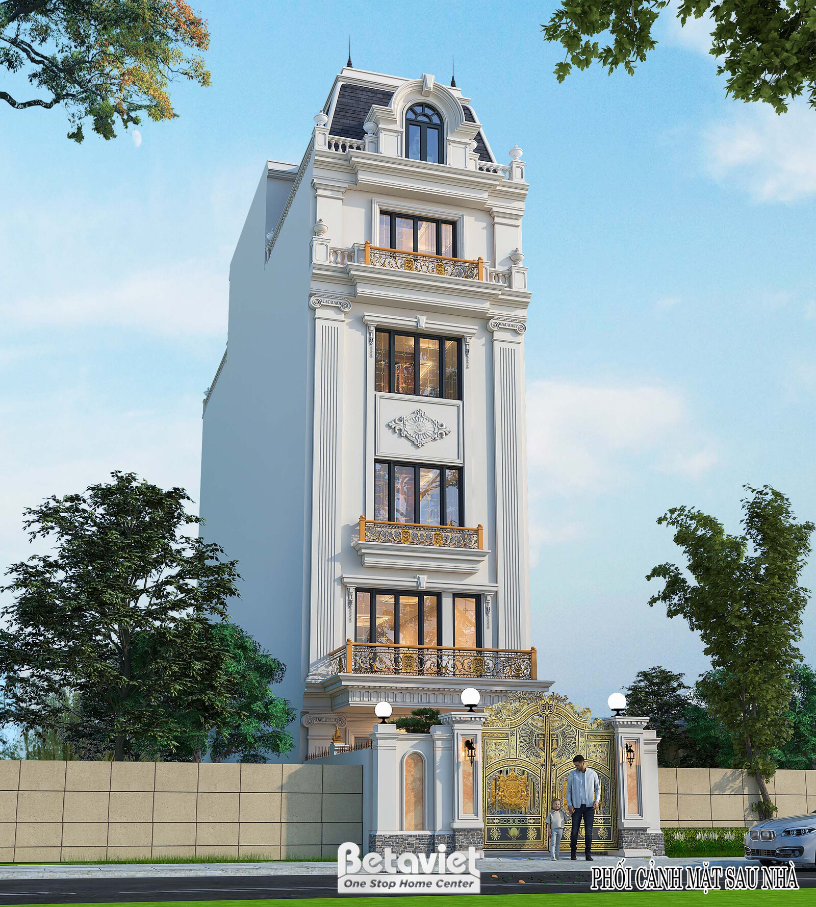 Phối cảnh mặt tiền ban ngày dưới nền trời nhiều mây, cổng đóng, hai hàng cây xanh hai bên, làm nổi bật toàn bộ khối kiến t…