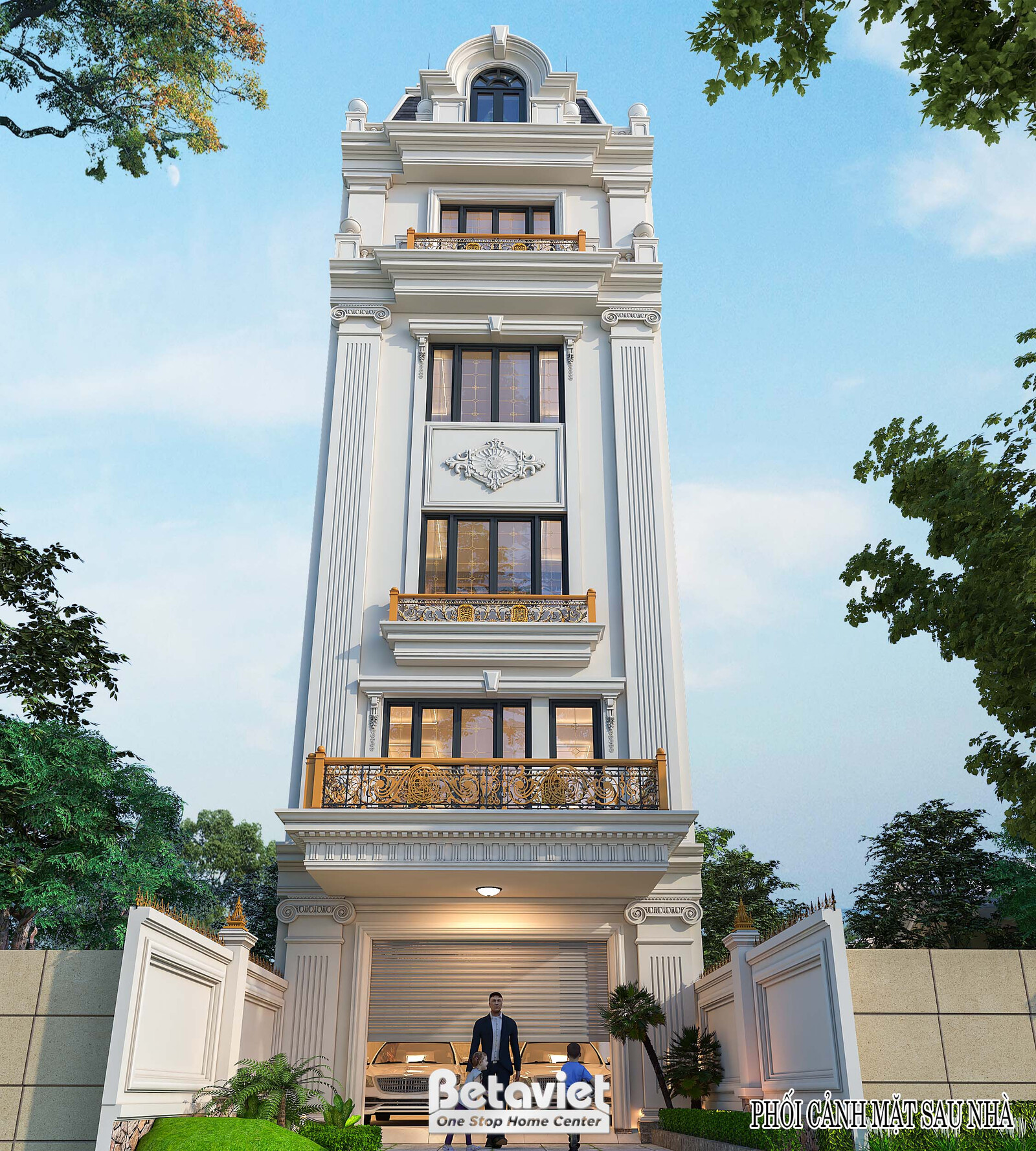 Góc nhìn chéo thể hiện độ dốc của sân dẫn vào nhà, tường rào chạy dài thấp dần theo địa hình, cổng vàng mở, người đứng cạn…