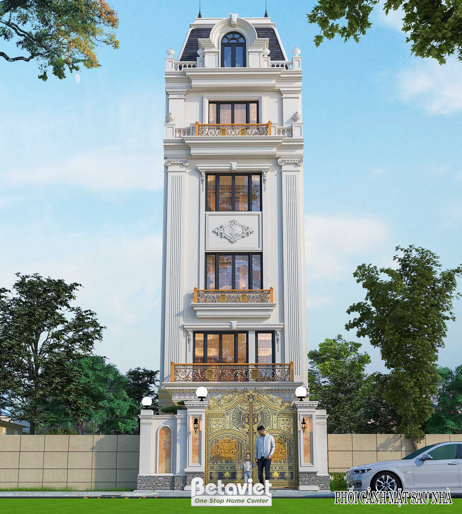 Phối cảnh chính diện toàn bộ công trình, mái mansard và lan can mái nổi rõ trên cùng, các tầng ban công sắt mạ vàng đồng b…