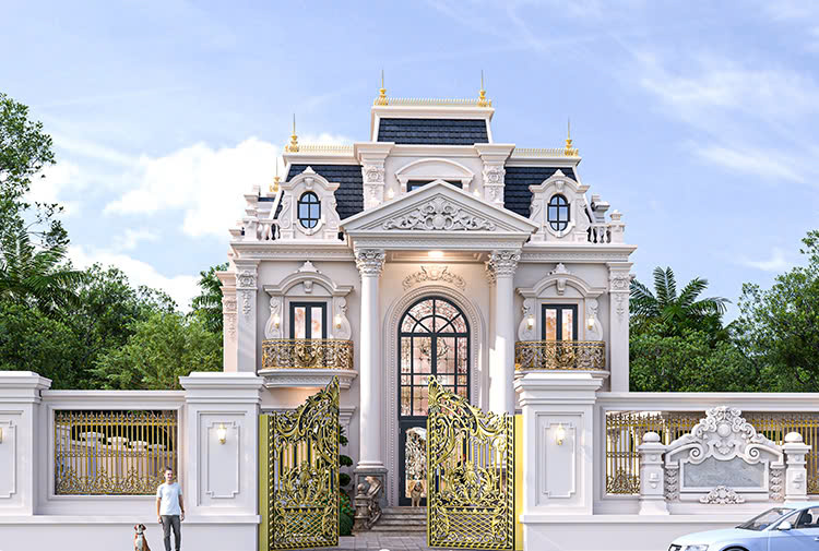 Phối cảnh KT24747 tại Bà Rịa - Vũng Tàu: biệt thự tân cổ điển 500 m², mái Mansard xanh đậm, tường trắng kem