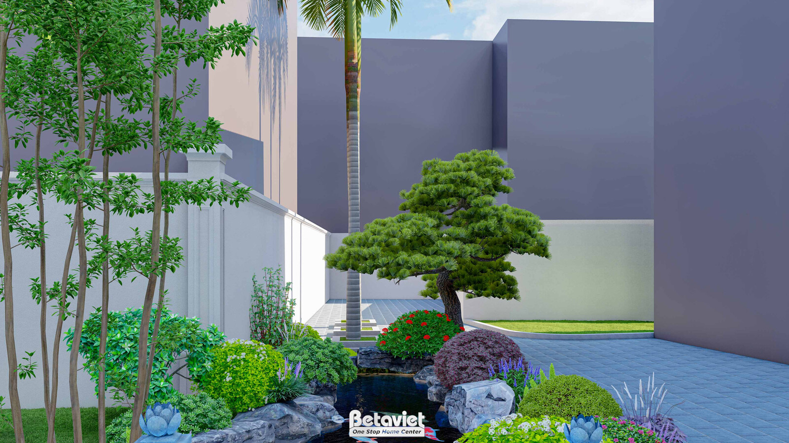 Góc tiểu cảnh sân vườn với cây tùng tạo dáng bonsai làm điểm nhấn trung tâm, hồ cá mini xếp đá tự nhiên, tượng đá trang tr…