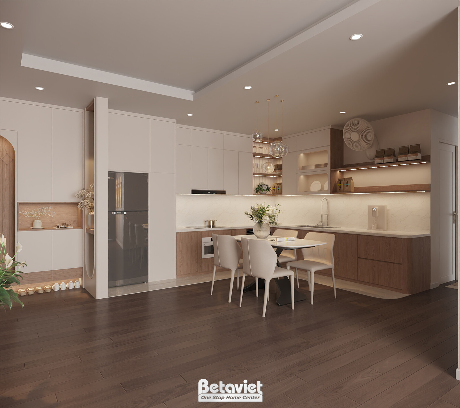 Góc bếp và bàn ăn tròn nhỏ, tủ bếp gỗ nâu phối trắng, tủ lạnh side by side đặt âm tường, kệ mở trang trí đồ decor, quạt tr…