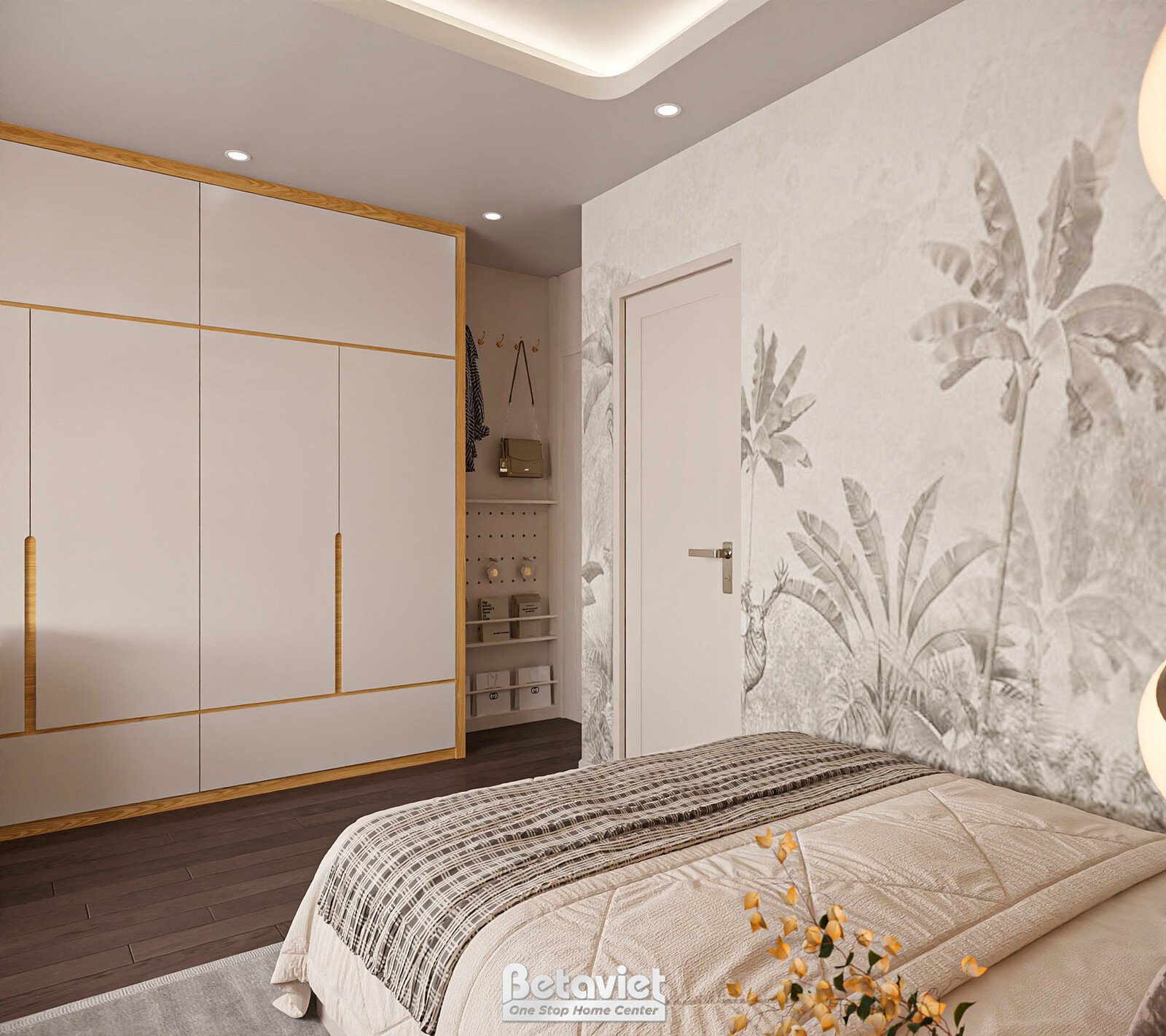 Góc phòng ngủ với tủ áo cánh mở tay nắm chỉ vàng, giấy dán tường họa tiết lá chuối nhiệt đới, cửa gỗ và móc treo đồ nhỏ, m…