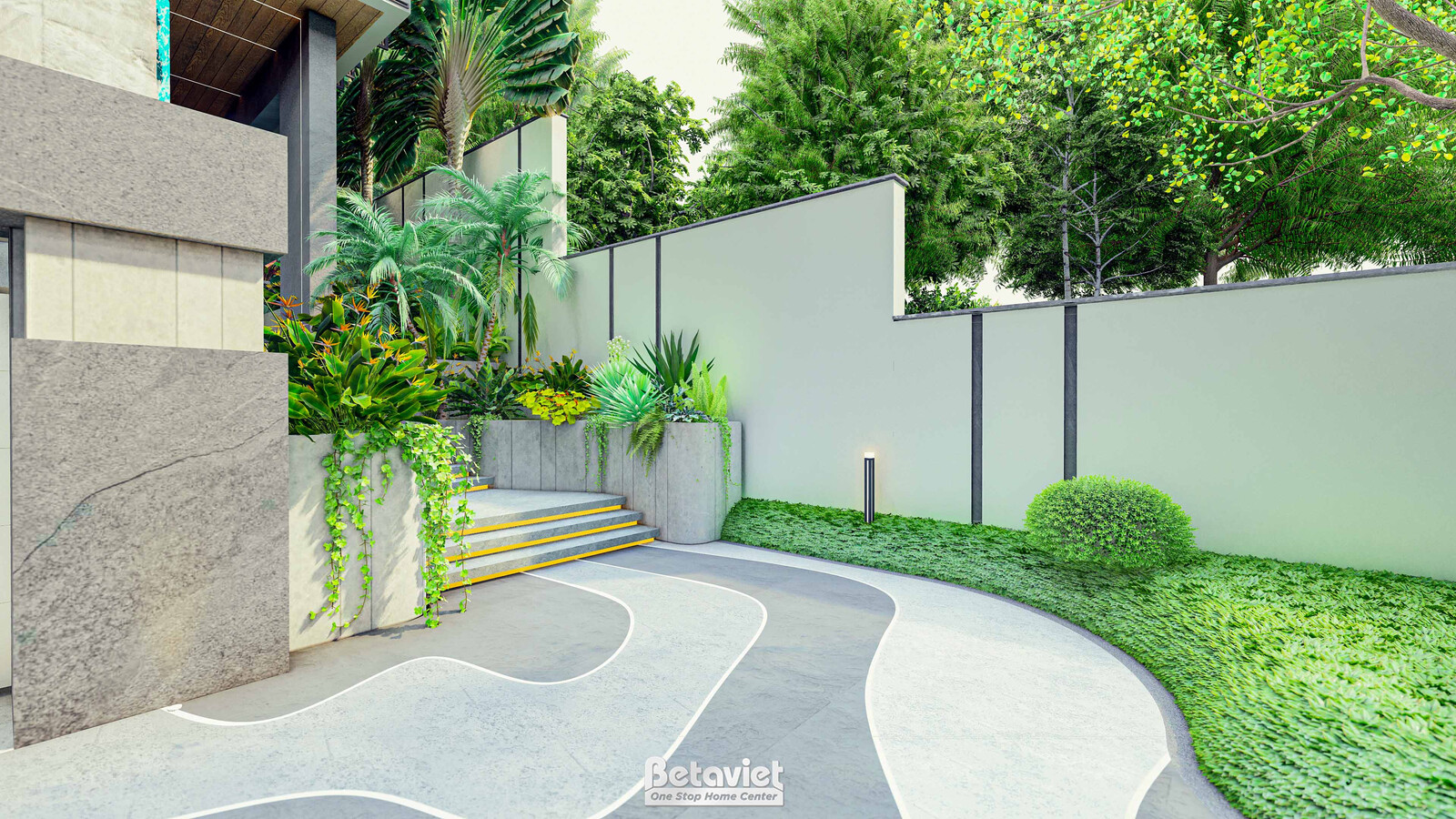 Bậc thang đá dẫn lên khu vườn cao, tường ốp đá granite xám kết hợp mảng cây dương xỉ rủ xanh mát. Đèn cột sân vườn đặt dọc…