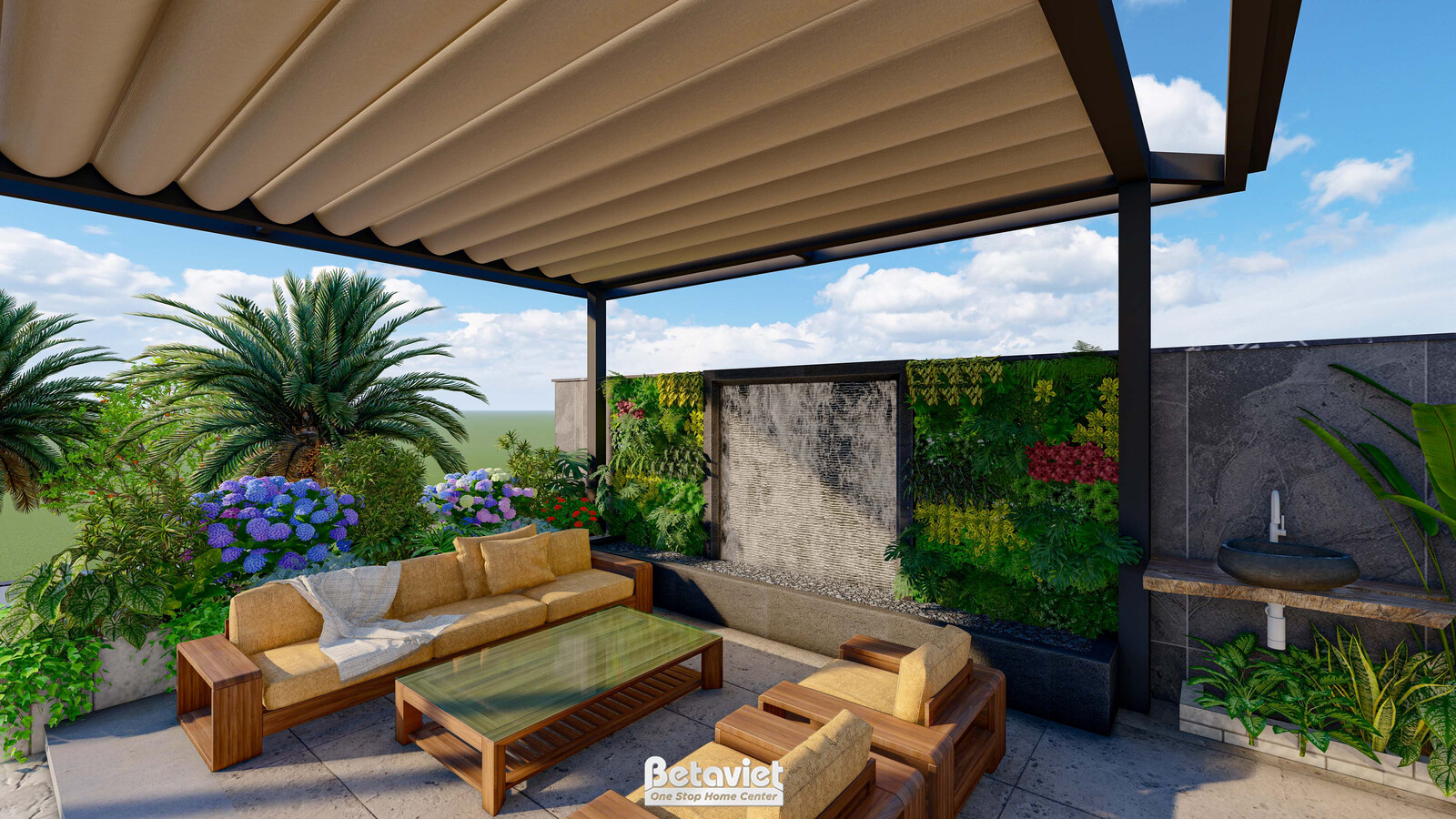 Khu tiếp khách ngoài trời dưới mái bạt xếp di động, sofa và ghế mây bọc đệm màu be, phía sau là vách thác nước ốp đá đen c…