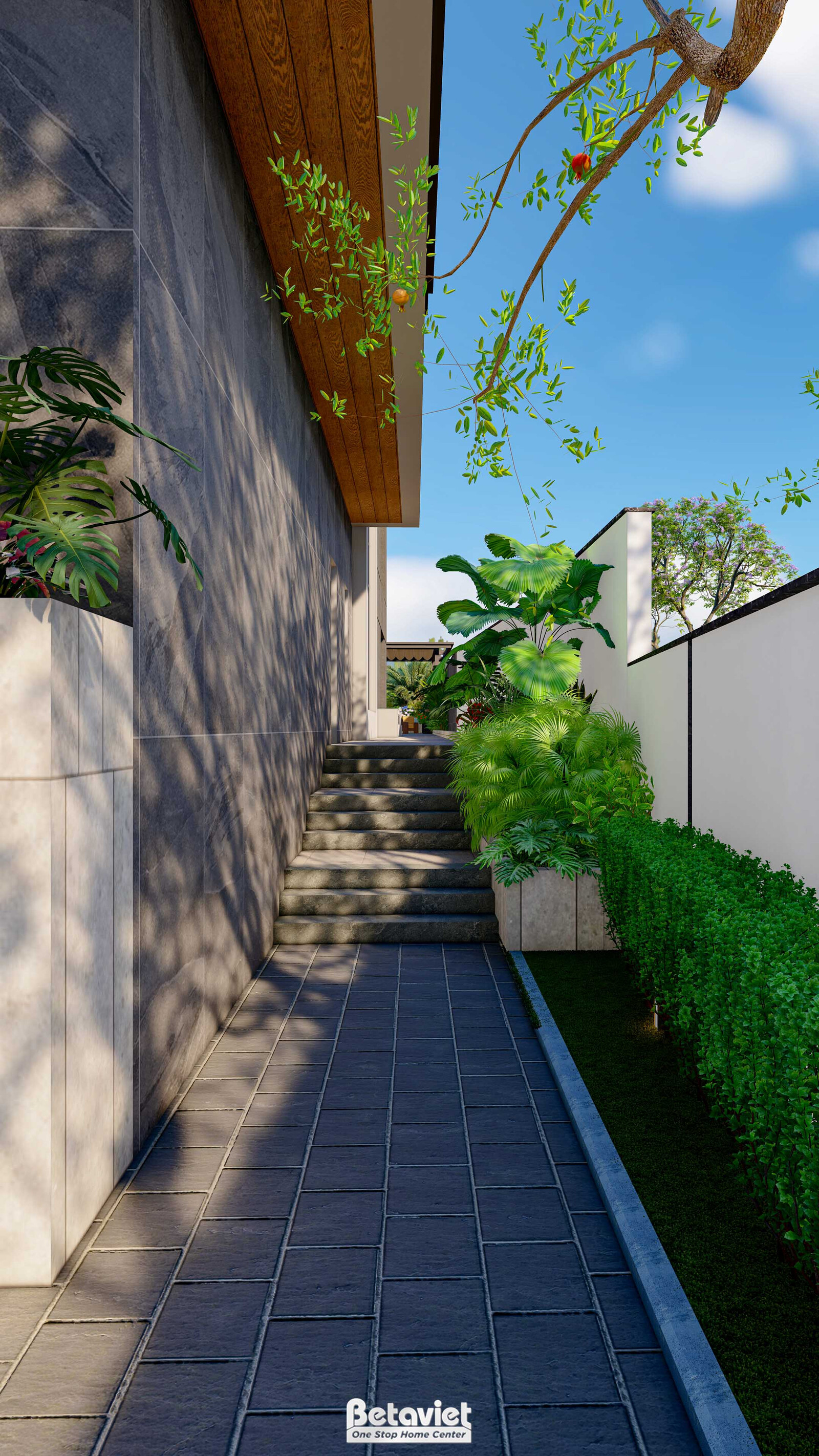 Lối đi hẹp dọc tường ốp đá tối màu, cây leo xanh rủ xuống từ chậu treo, dẫn tới khu bậc thang phía trước. Ánh sáng tự nhiê…