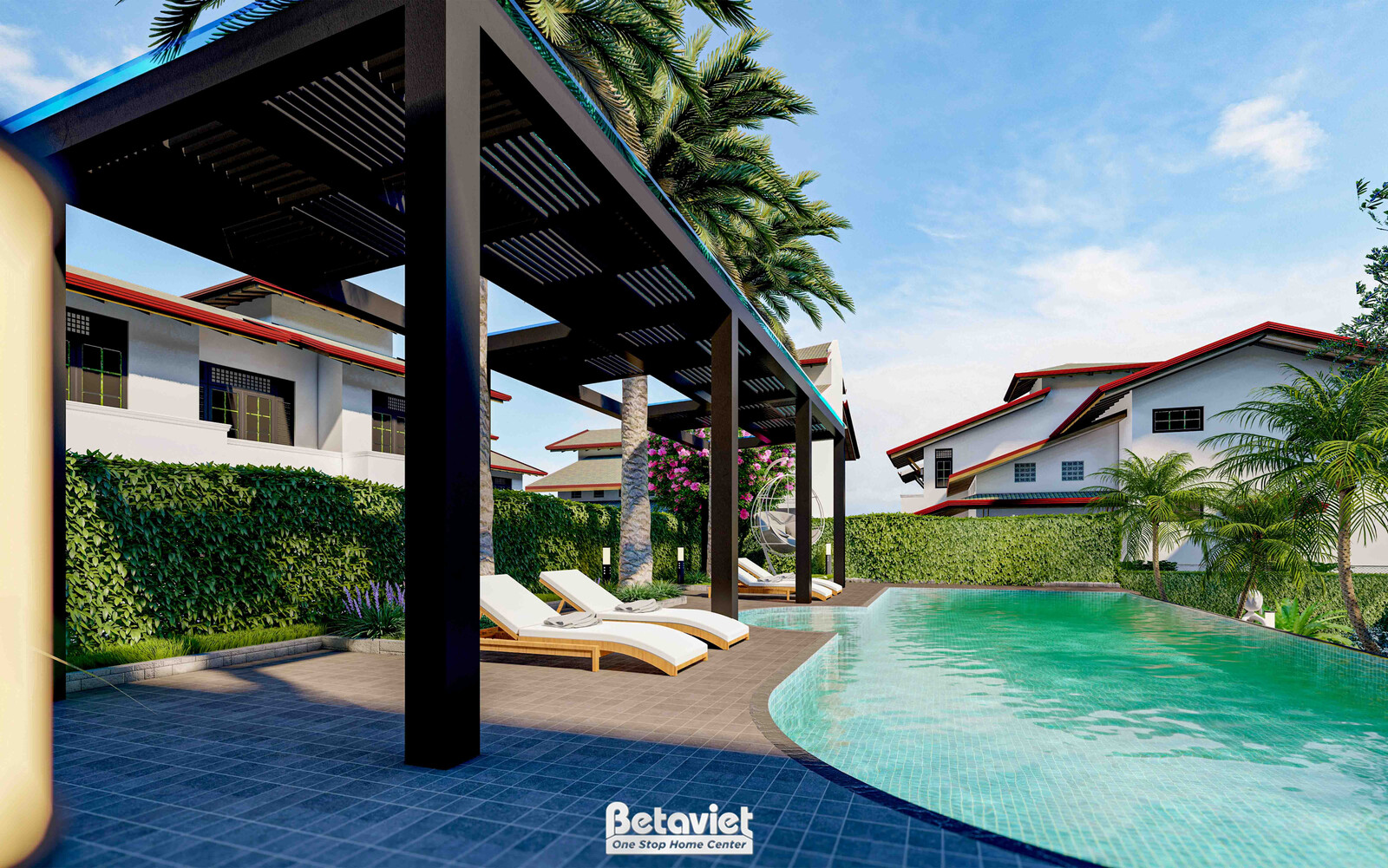 Khu vực nghỉ dưỡng dưới giàn pergola khung gỗ đen, ghế sunbed trắng đặt sát mép hồ bơi, cây cọ cao tạo bóng mát, nền lát đ…