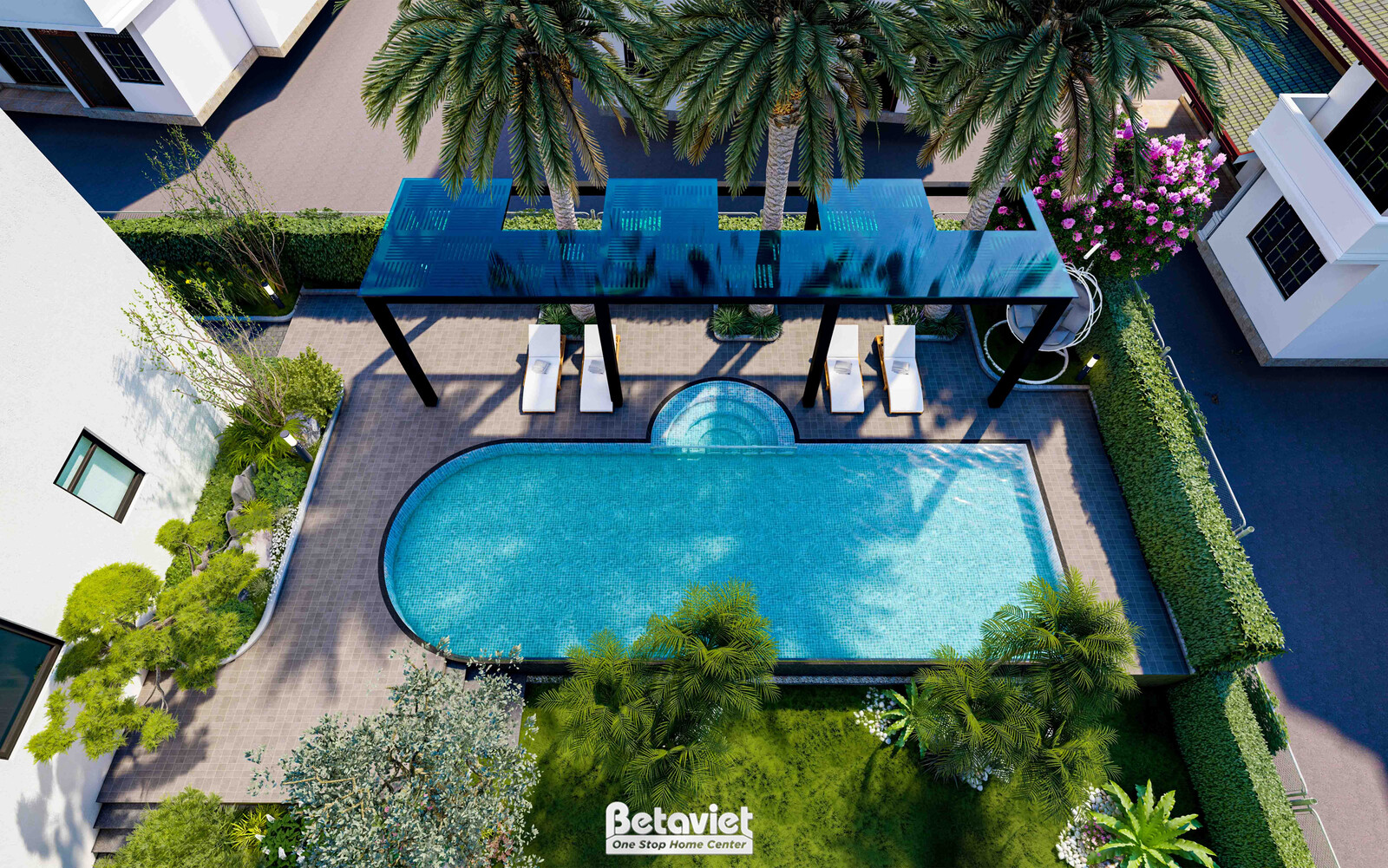 Toàn cảnh từ trên cao hồ bơi hình oval bo cong mềm mại, giàn pergola mái kính che ghế sunbed, viền hồ ốp đá, cây cọ và thả…