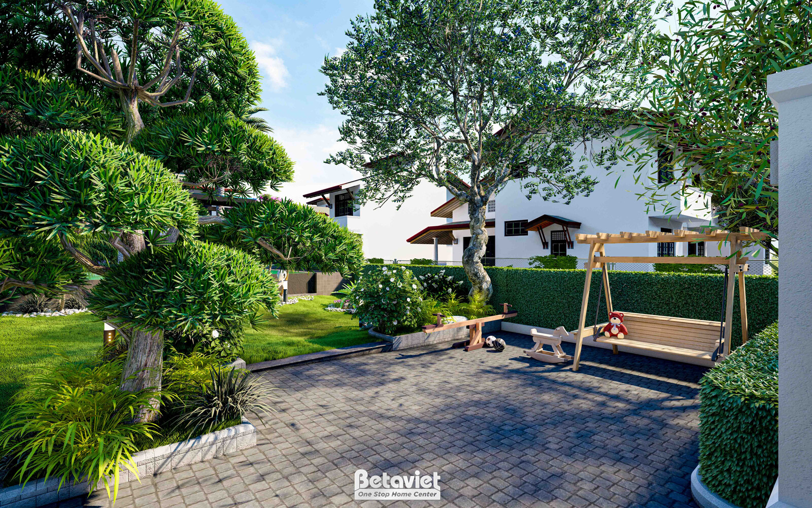 Góc sân trong bố trí xích đu gỗ dưới tán cây, cây tùng la hán tạo dáng nghệ thuật, ghế đá thư giãn, nền lát đá xám, hàng r…