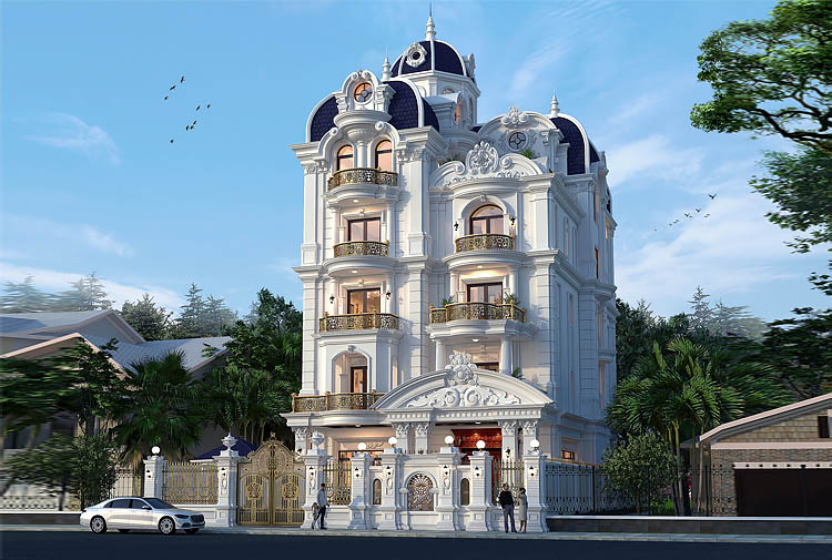 Mẫu biệt thự phong cách tân cổ điển 5 tầng tại Ninh Bình KT24771 - cụm tháp vòm mái ngói xanh navy