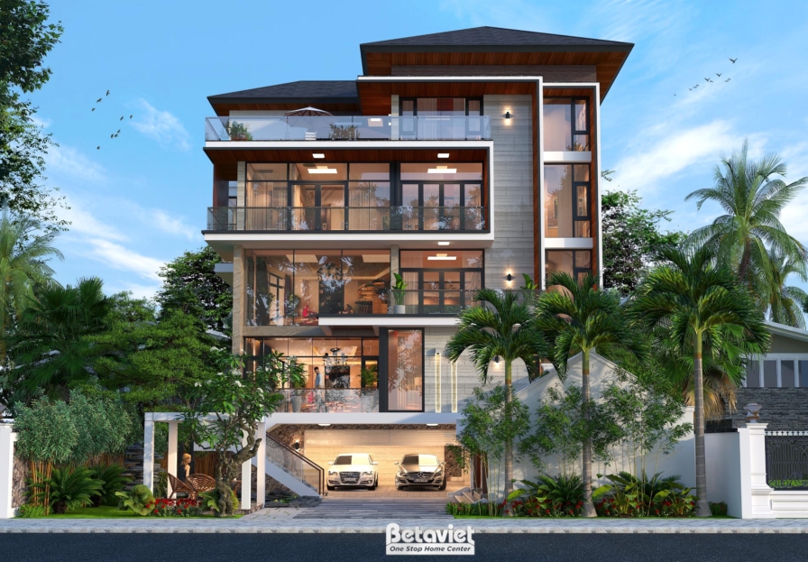 Phối cảnh mặt tiền biệt thự từ góc chếch, ban ngày trời trong. Tường ốp đá tông xám - trắng, ban công kính khung nhôm đen…