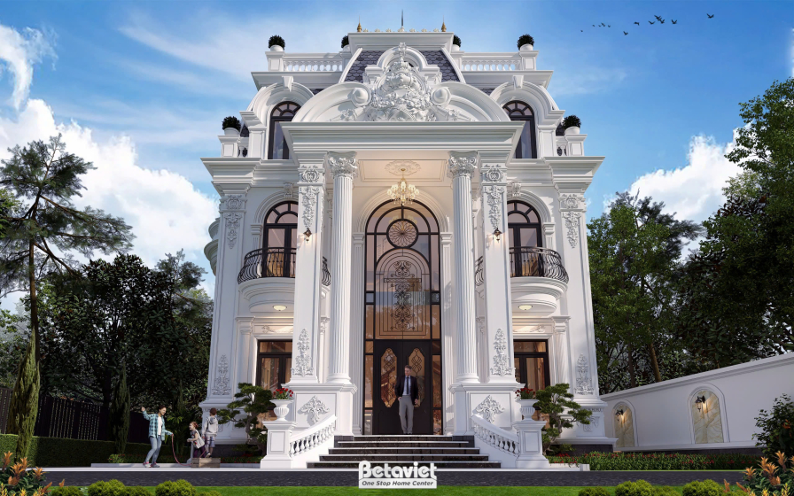 Cận cảnh sảnh chính, pediment chạm khắc phù điêu cầu kỳ trên vòm cửa, cột Corinthian song song hai bên, cầu thang đá cong…