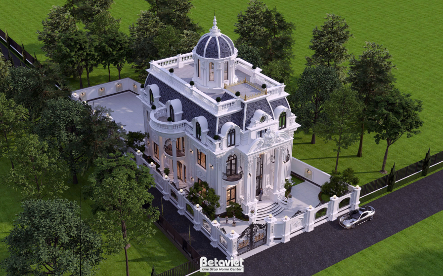 Góc flycam từ trên cao, thấy rõ hình khối mái Mansard và cupola dome, khuôn viên cây xanh, lối xe vào, tường rào bao quanh…