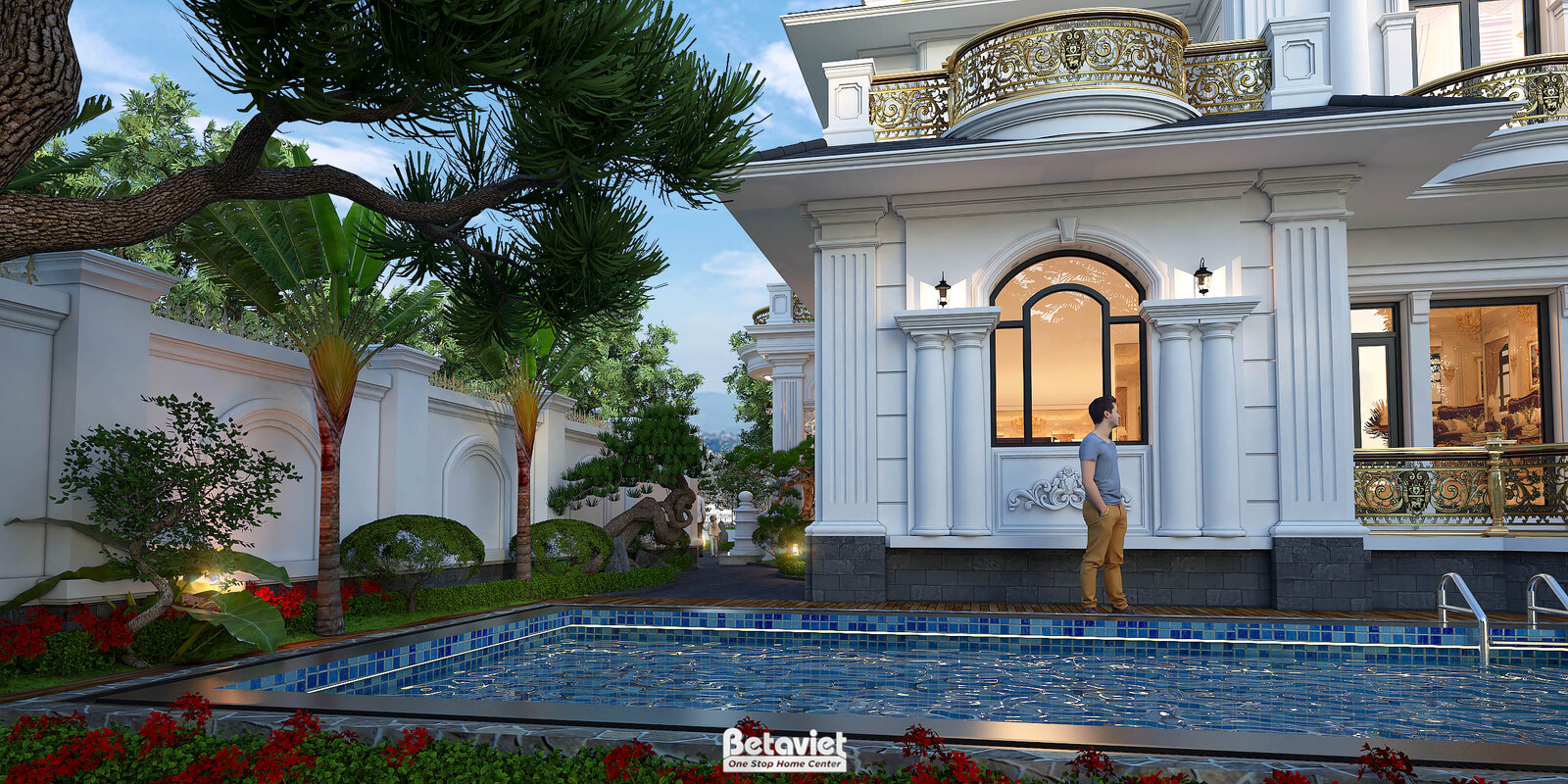 Biệt thự 3 tầng tân cổ điển KT24770 – sân vườn và hồ bơi
