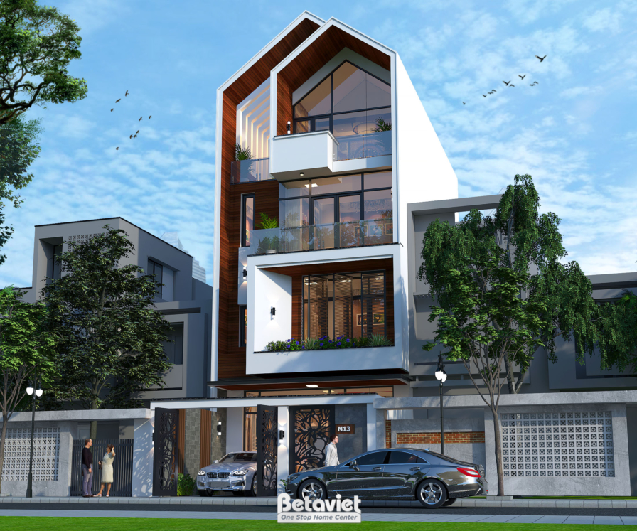 Phối cảnh rộng mặt tiền biệt thự, hai xe ô tô đỗ dọc vỉa hè rợp bóng cây xanh, cặp đôi đứng cạnh cổng. Bố cục lùi tầng tạo…