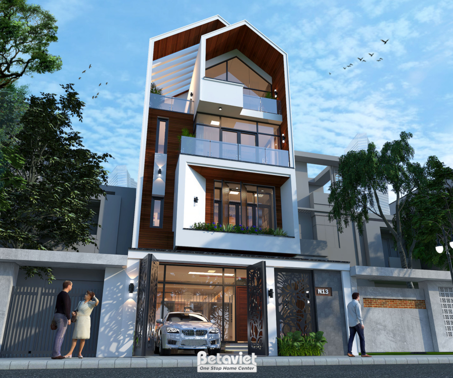 Góc nhìn cận cảnh lối vào biệt thự, cổng sắt hoa văn mở rộng, cặp đôi bước qua sân vào nhà. Trụ ốp đá, cửa kính khung gỗ t…