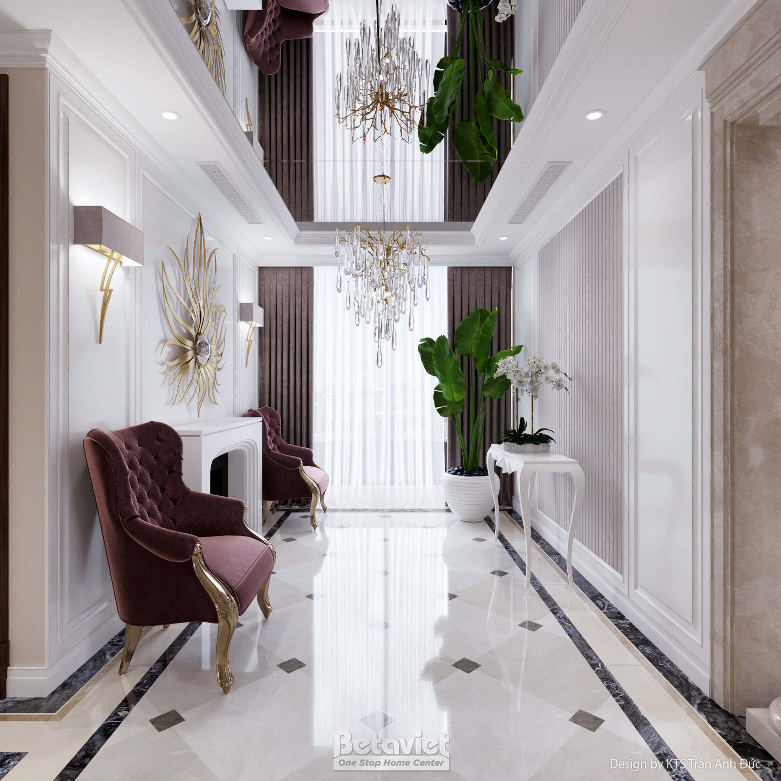 Hành lang lát sàn gỗ tối màu, tủ console đen kê sát tường, gương lớn phản chiếu ánh sáng, đèn tường hình lá vàng đồng, tra…