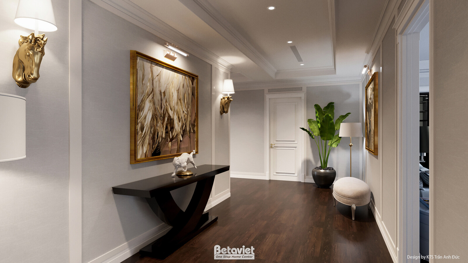 Hành lang tầng 2 với đầu thú mạ vàng trang trí tường, tranh khung vàng treo đối xứng, tủ console đen bày bình hoa, đôn trò…
