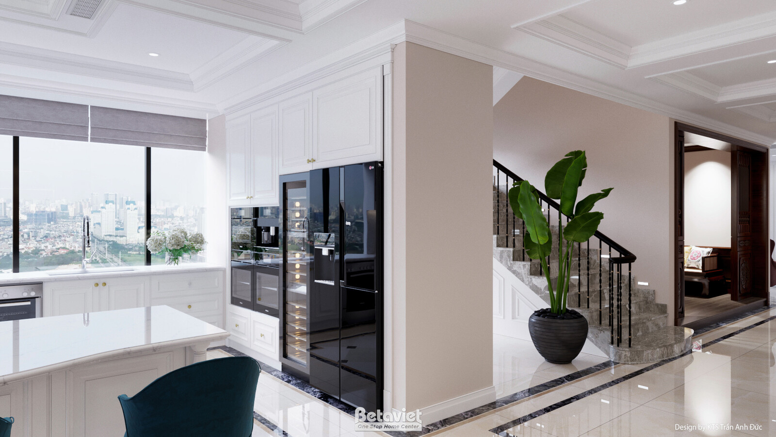 Không gian bếp - ăn liên thông, đảo bếp đá marble trắng dài với ghế bar nệm xanh petrol, tủ rượu kính góc phòng, bàn ăn ph…