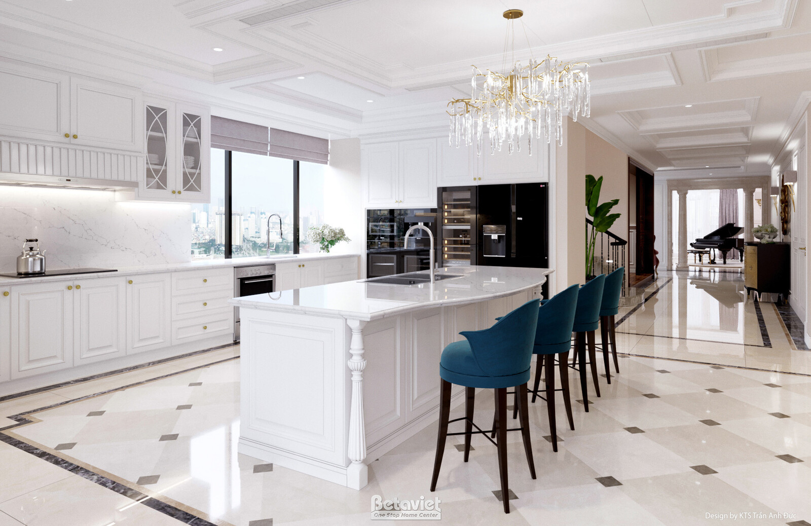 Bếp đảo đá marble với hàng ghế bar xanh petrol, tủ bếp trắng kịch trần, trần giật cấp có đèn chùm pha lê, phía sau thấp th…