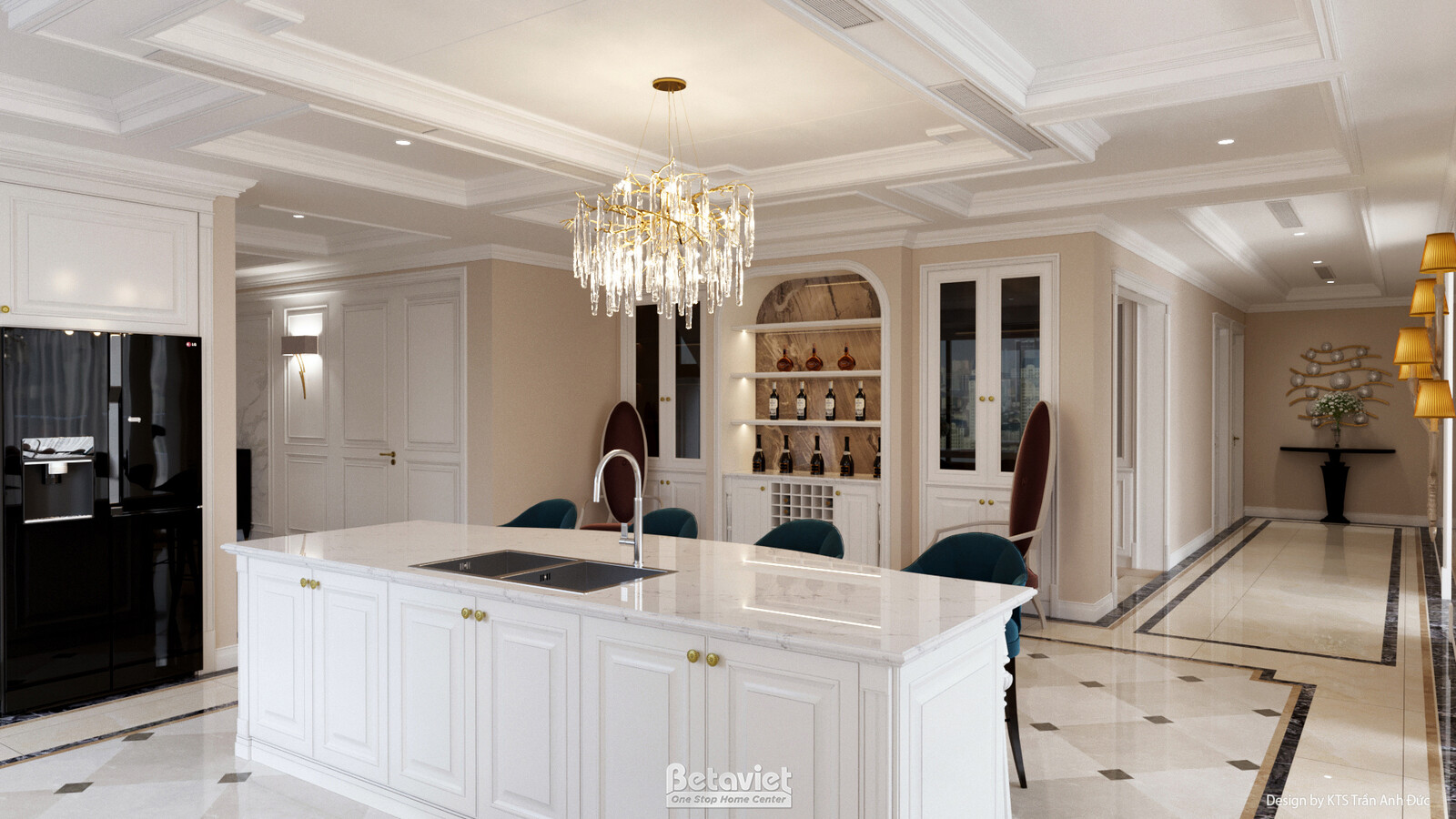 Không gian bếp mở với đảo bếp đá marble trắng, tủ bếp âm tường màu trắng kết hợp thiết bị màu đen, kệ rượu kính góc tường…