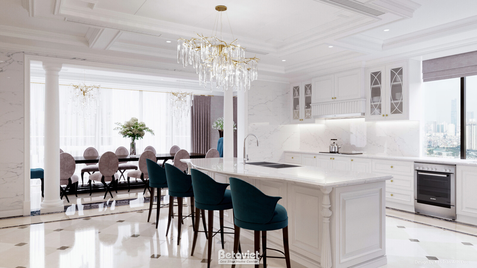 Không gian bếp với cột trụ ốp trắng, đảo bếp đá marble dài ghế bar xanh petrol, dãy bàn ăn phía sau, trần coffer trắng đèn…