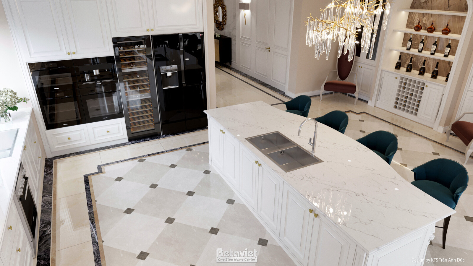 Đảo bếp đá marble trắng với ghế bar xanh petrol, tủ bếp âm tường tích hợp thiết bị màu đen, tủ kính trưng bày rượu góc tườ…