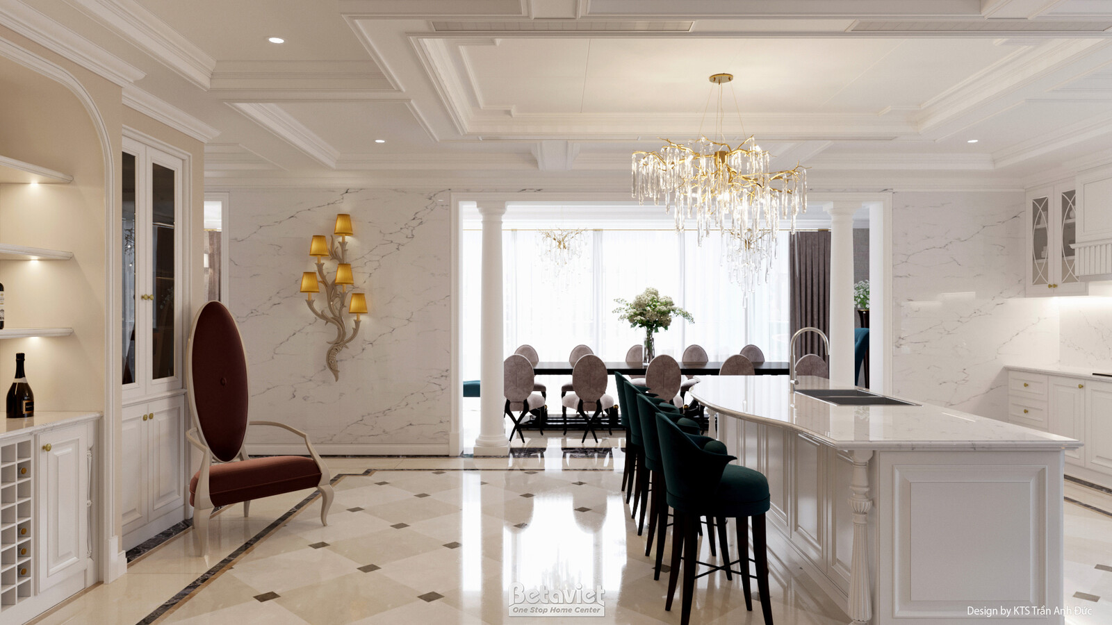 Phòng ăn liên thông bếp, đảo bếp đá marble trắng dài, ghế bar bọc nhung xanh petrol, tủ rượu kính khung gỗ trắng, bàn ăn p…