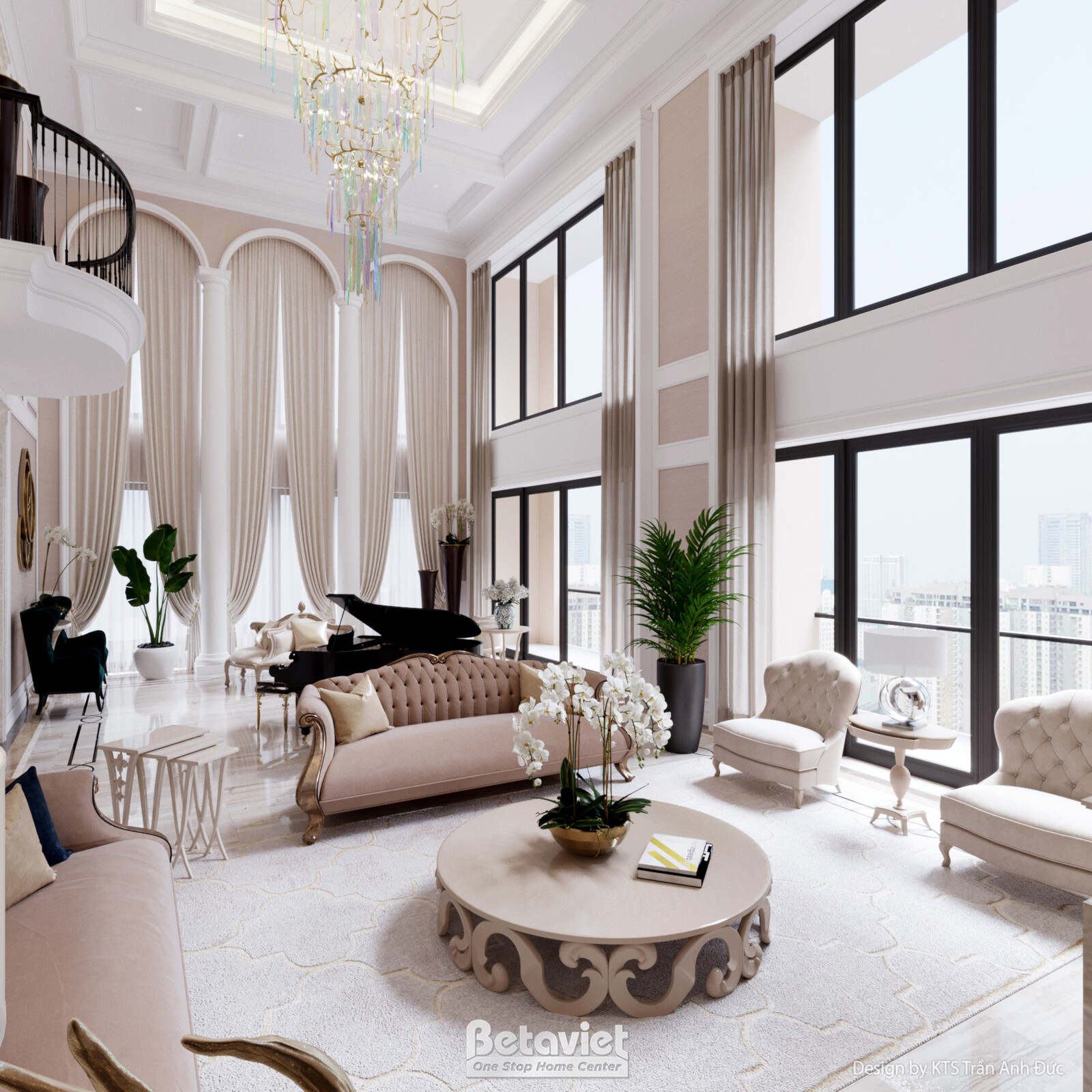 Phòng khách góc nhìn khác, dãy cửa sổ vòm liên tiếp đón sáng tự nhiên, sofa be và ghế bành trắng bọc nỉ, bàn trà tròn chân…