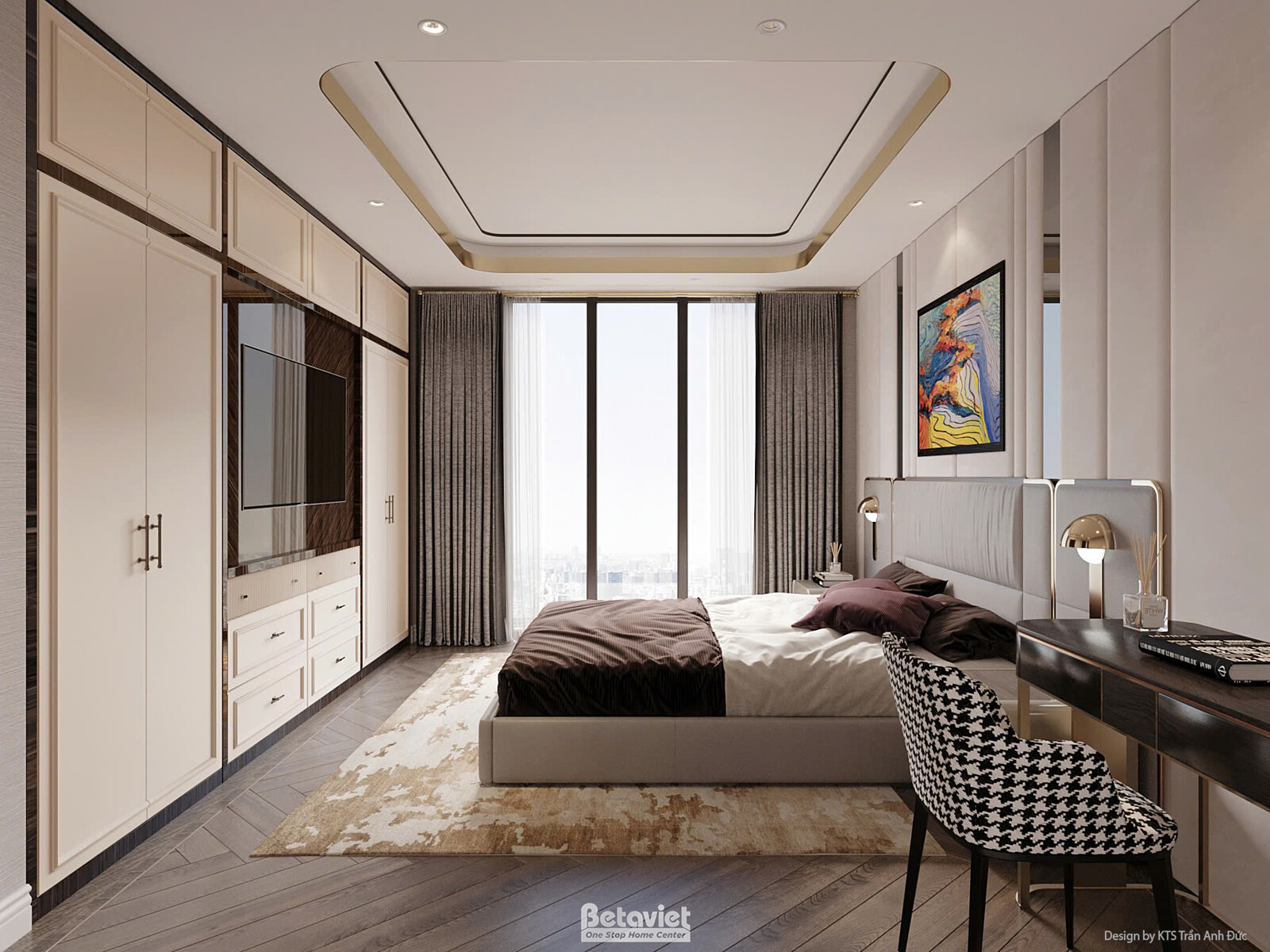 Phòng ngủ tông be trắng nhẹ nhàng với trần giật cấp hình oval ẩn đèn viền, hệ tủ áo trắng kết hợp kệ trang trí âm tường. G…