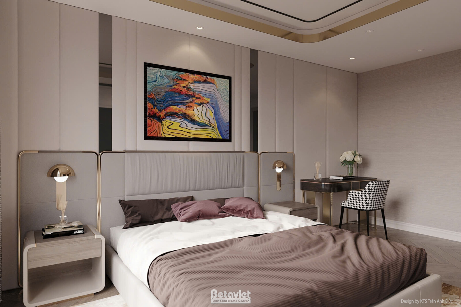 Góc khác của phòng ngủ với đầu giường bọc nệm bo cong, đèn ngủ chân đồng thanh mảnh hai bên. Bàn trang điểm gỗ tối kèm ghế…
