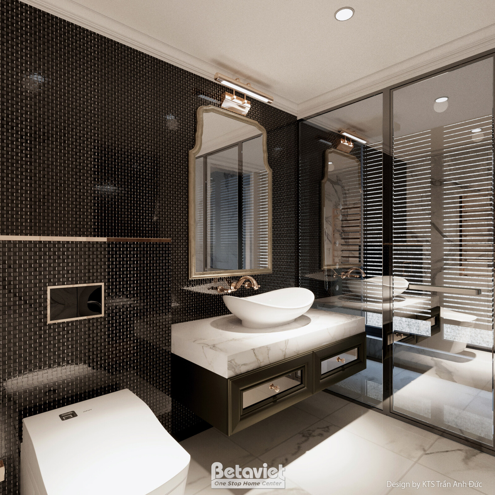 Phòng tắm ốp gạch mosaic đen nhỏ, bồn rửa hình oval đặt nổi trên mặt đá, gương tròn viền mạ vàng, vách kính khu tắm đứng…