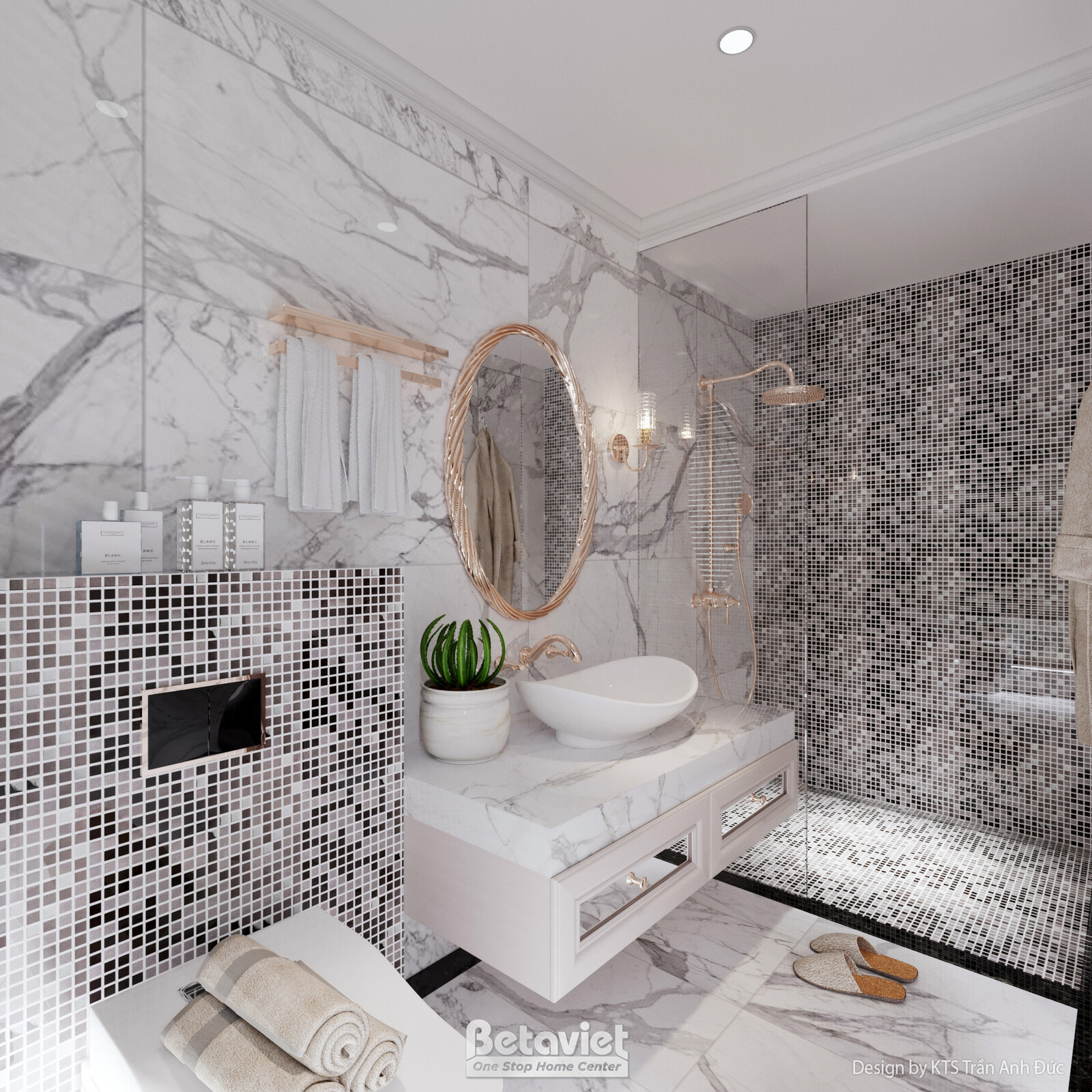 Phòng tắm ốp đá marble trắng vân xám kết hợp gạch mosaic đen bạc điểm nhấn, bồn rửa oval đặt nổi, gương tròn viền đồng hồn…