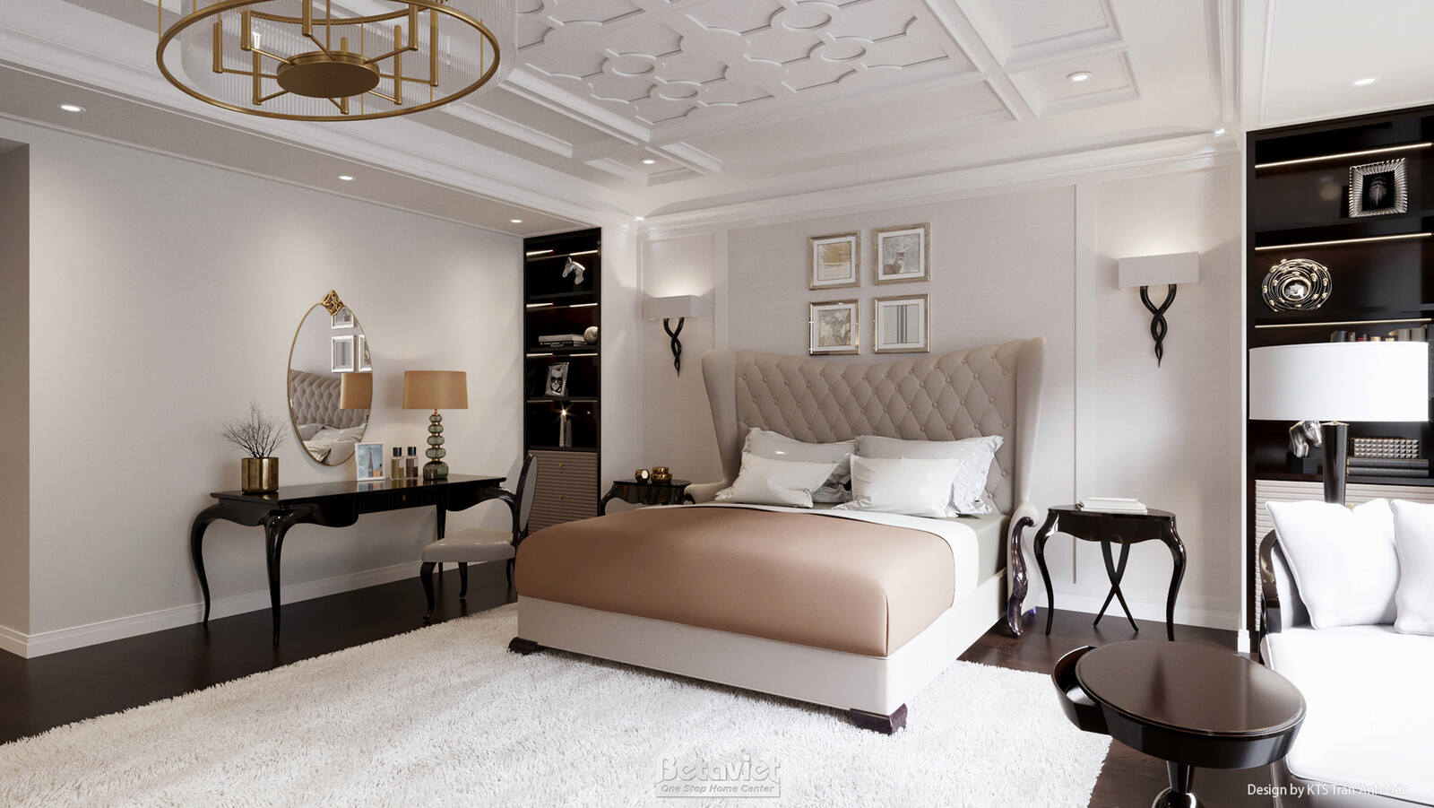 Phòng ngủ với đèn chùm tròn treo giữa trần, giường bọc nệm màu nâu nhạt, bàn console gỗ đen chân cong đặt gương tròn, kệ t…