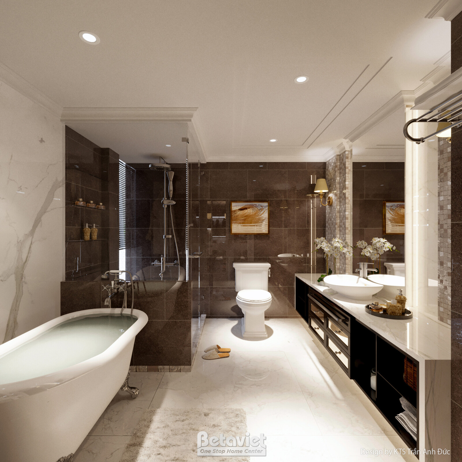 Phòng tắm master với tường ốp đá marble nâu vân mây, bồn tắm nằm độc lập màu kem, vách kính khu vực vòi sen, tủ lavabo đôi…