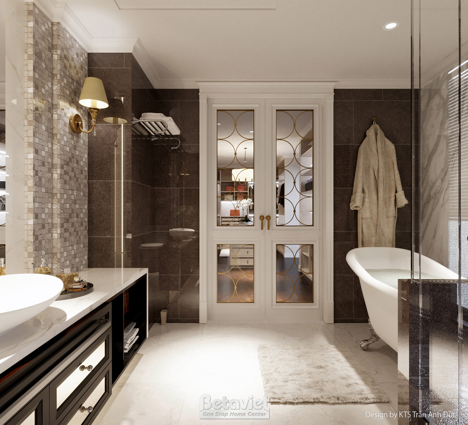 Phòng tắm ốp gạch mosaic tối màu, bồn tắm oval độc lập màu kem, cửa kính gương phản chiếu, áo choàng treo tường, đèn tường…