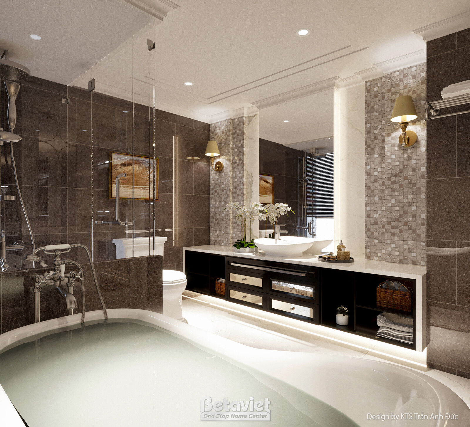 Phòng tắm với tường mosaic tối màu, bồn tắm jacuzzi gắn tủ gỗ tối màu, vách kính khu tắm đứng, đèn tường mạ vàng, bình hoa…