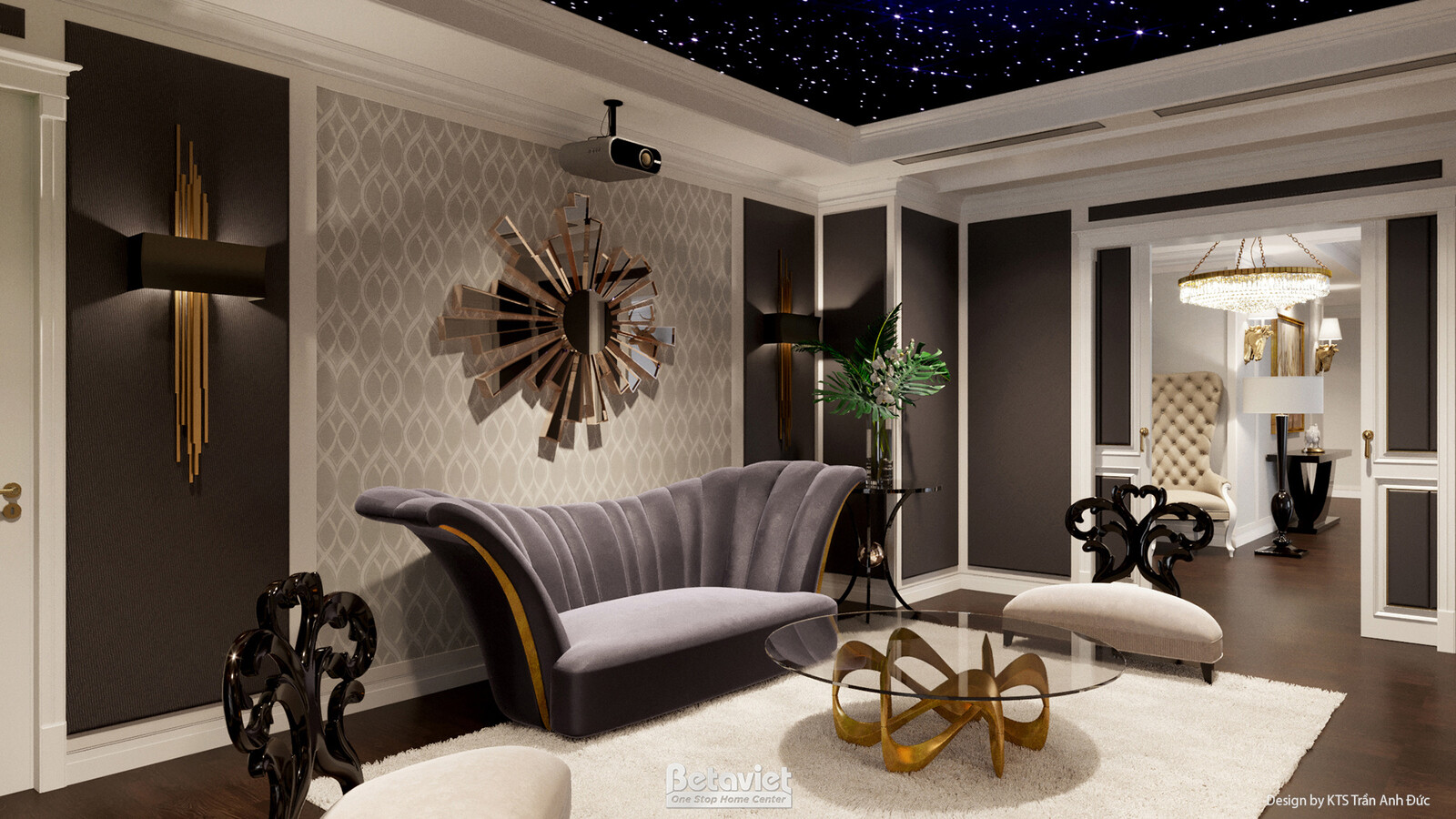 Phòng sinh hoạt chung với trần thạch cao đen điểm đèn sao lấp lánh, sofa cong màu xám bọc nỉ, gương trang trí hình tia nắn…