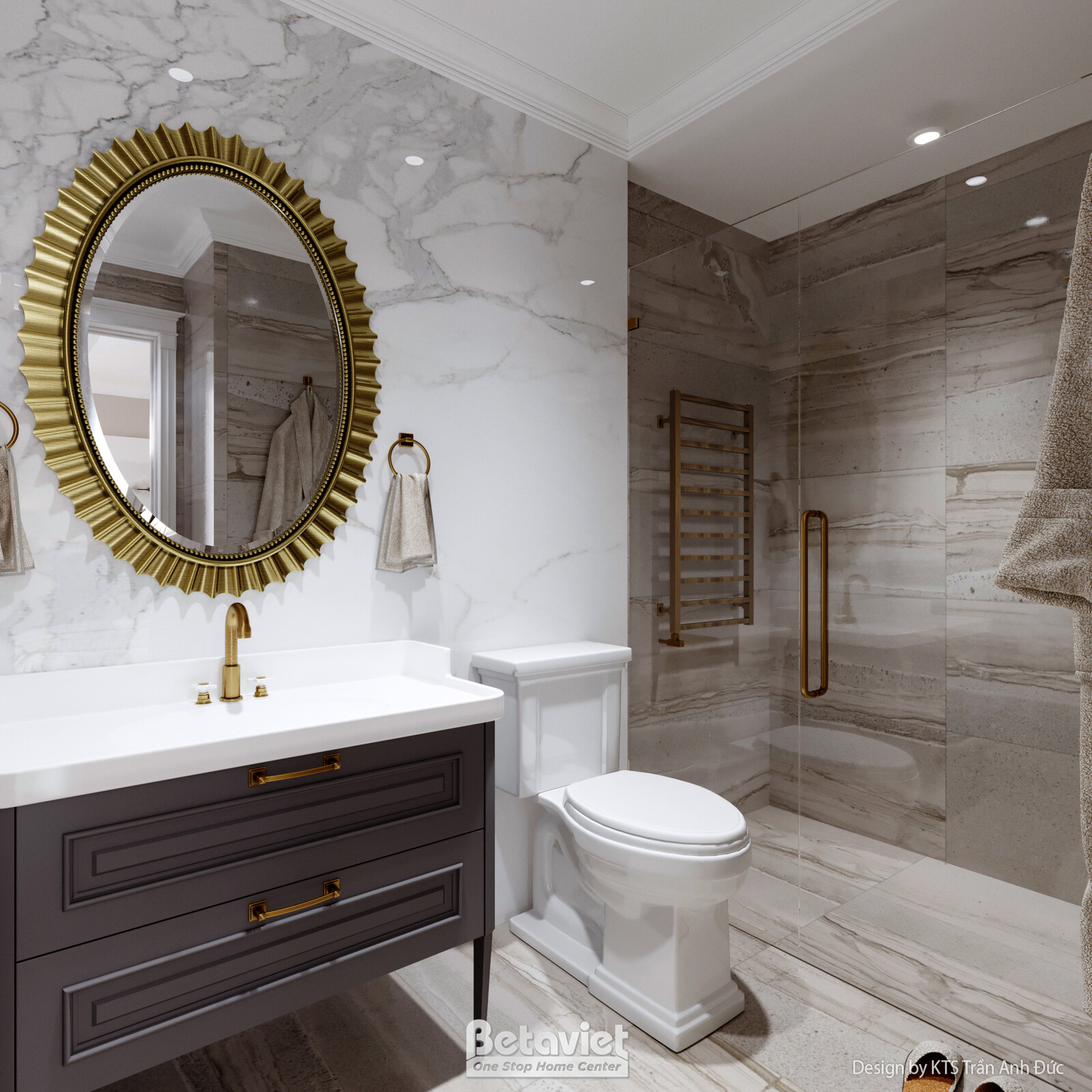 Phòng tắm với gương tròn viền mạ vàng nổi bật trên tường ốp đá marble vân mây, bồn rửa đá trắng, tủ lavabo gỗ tối màu, khu…