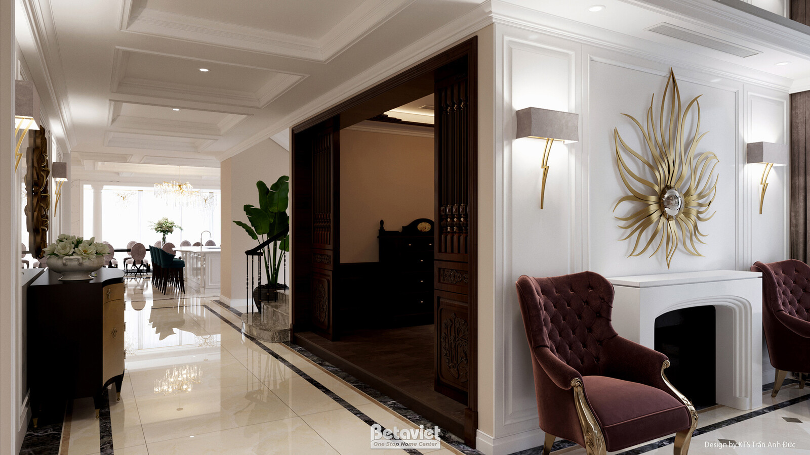 Góc không gian trang trọng khác với bàn gỗ chạm khắc bày biện đồ trang trí sứ và đồng, trần thạch cao hoa văn, đèn LED vàn…
