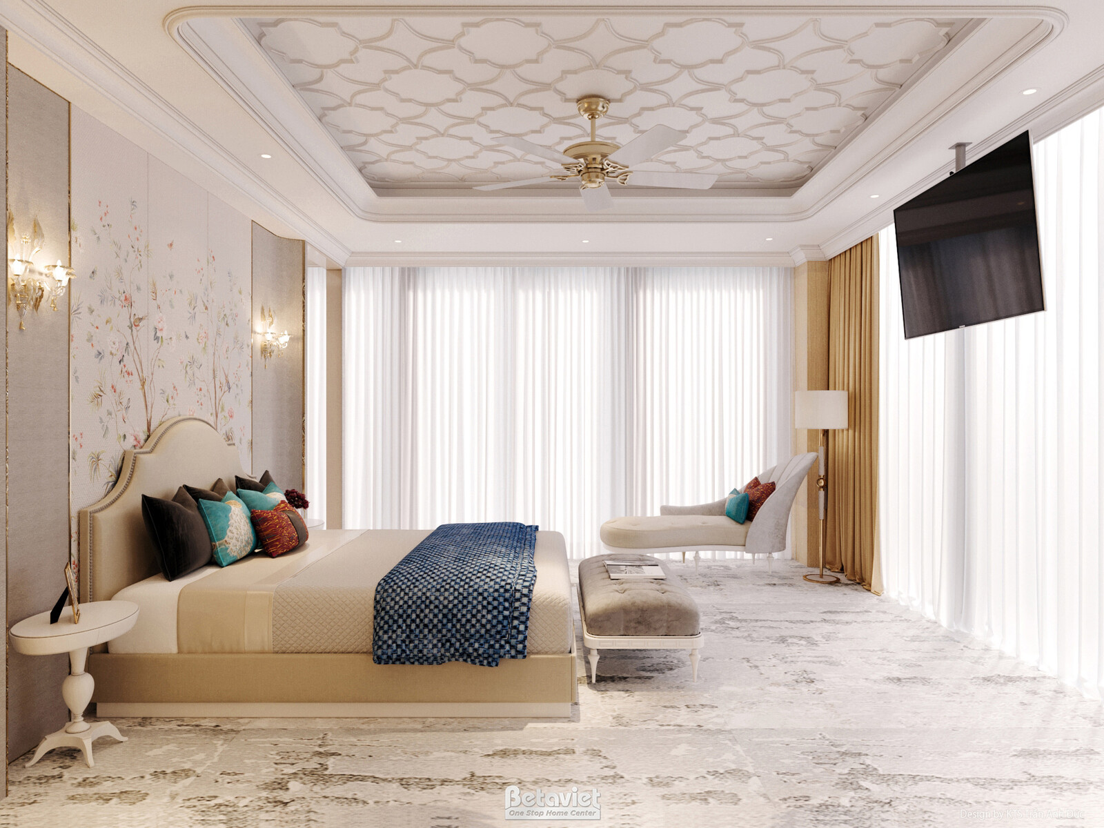 Phòng ngủ với trần hoa văn quatrefoil tinh xảo, đầu giường bọc nệm kem, tivi treo tường đối diện. Tường điểm giấy dán hoa…