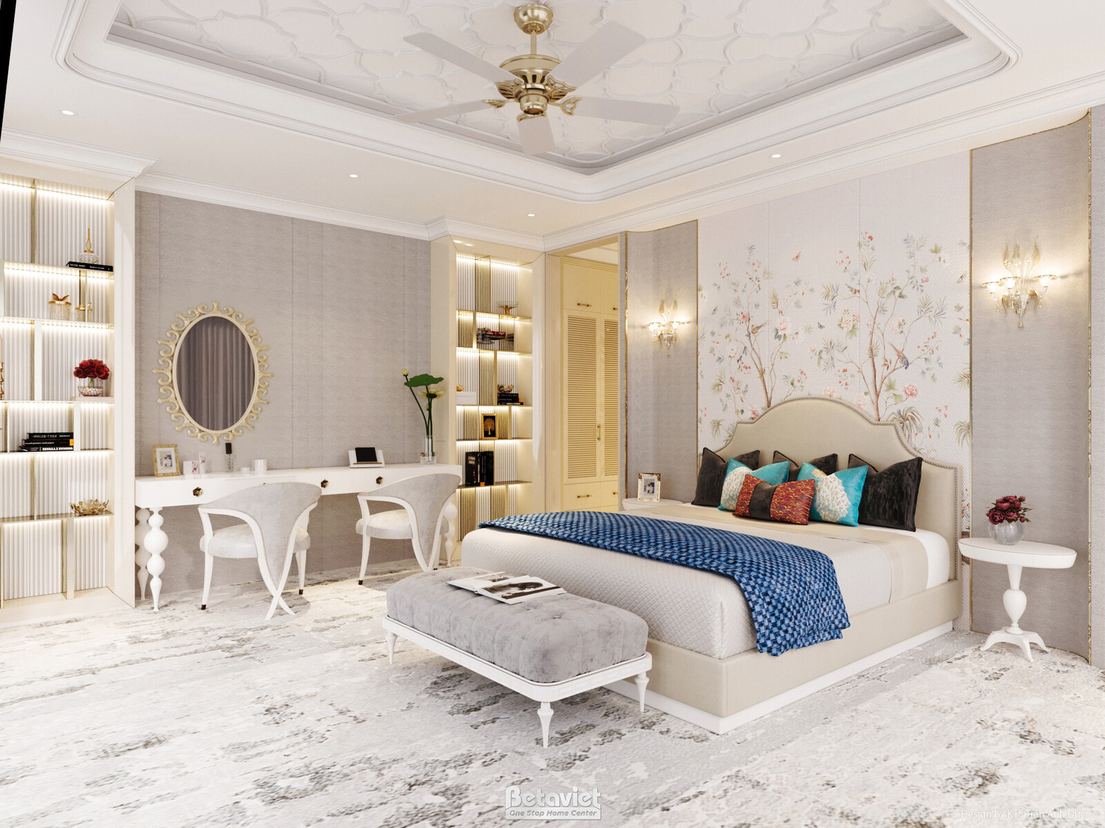 Phòng ngủ góc nhìn bàn trang điểm, gương tròn khung vàng, kệ tủ trắng trưng bày sách và phụ kiện. Giường bọc nệm ga trắng…