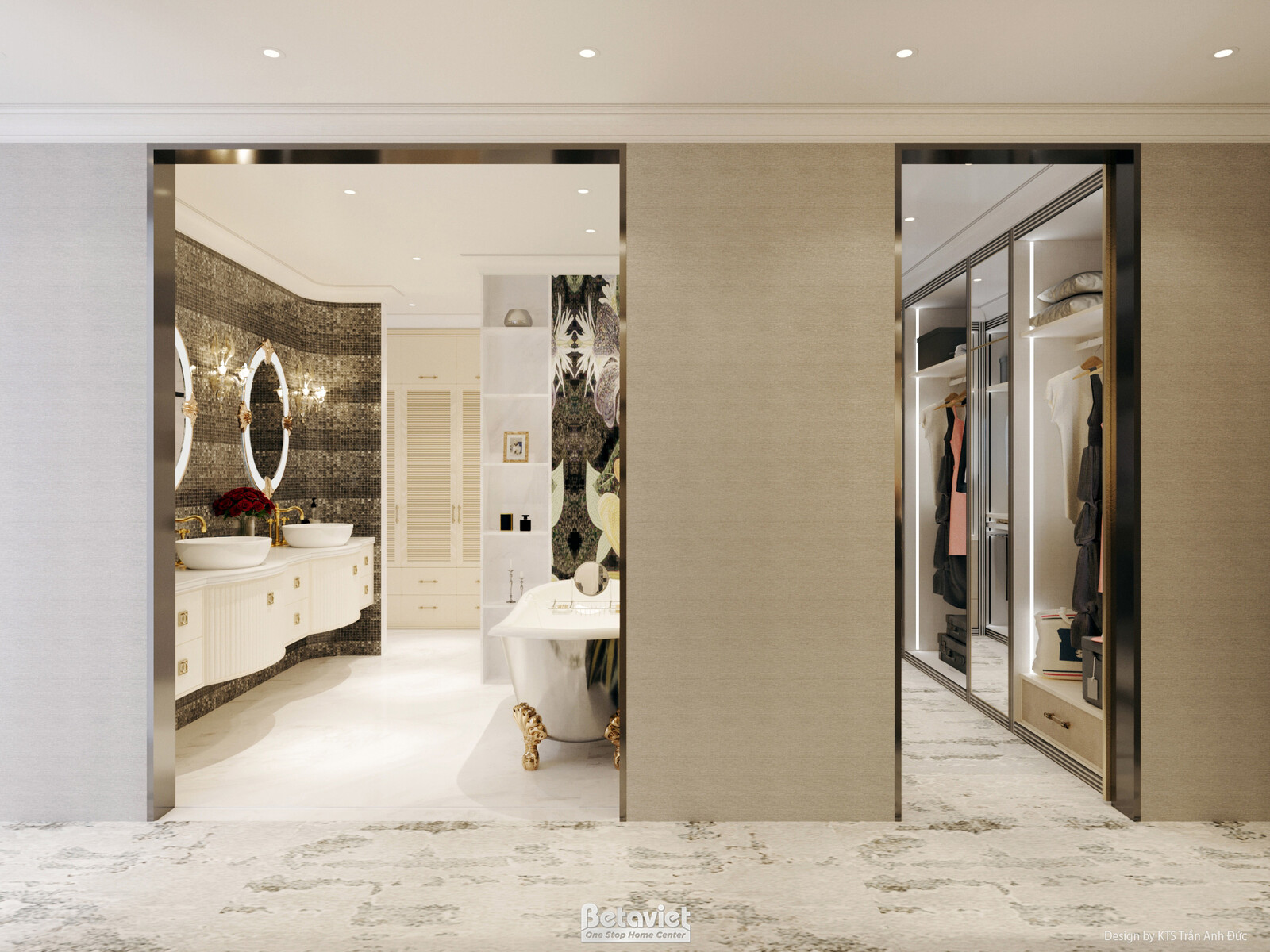 Phòng tắm liền kề phòng ngủ góc khác, gương oval khung đồng, tủ lavabo đơn màu kem, tường mosaic hoa văn sẫm. Phía sau hé…
