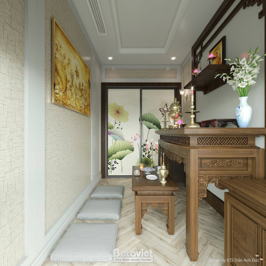 Không gian sinh hoạt trang trọng tầng trên, tủ gỗ chạm khắc hoa văn cổ điển đặt giữa phòng, tường treo tranh sơn dầu phong…
