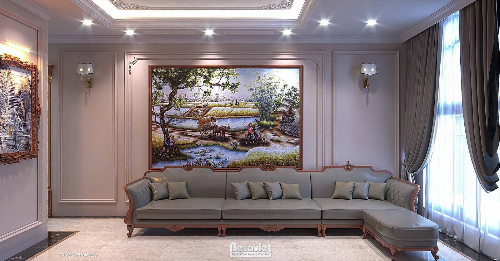Nội thất phòng sinh hoạt chung biệt thự tân cổ điển KT2008131 – góc nhìn tổng thể