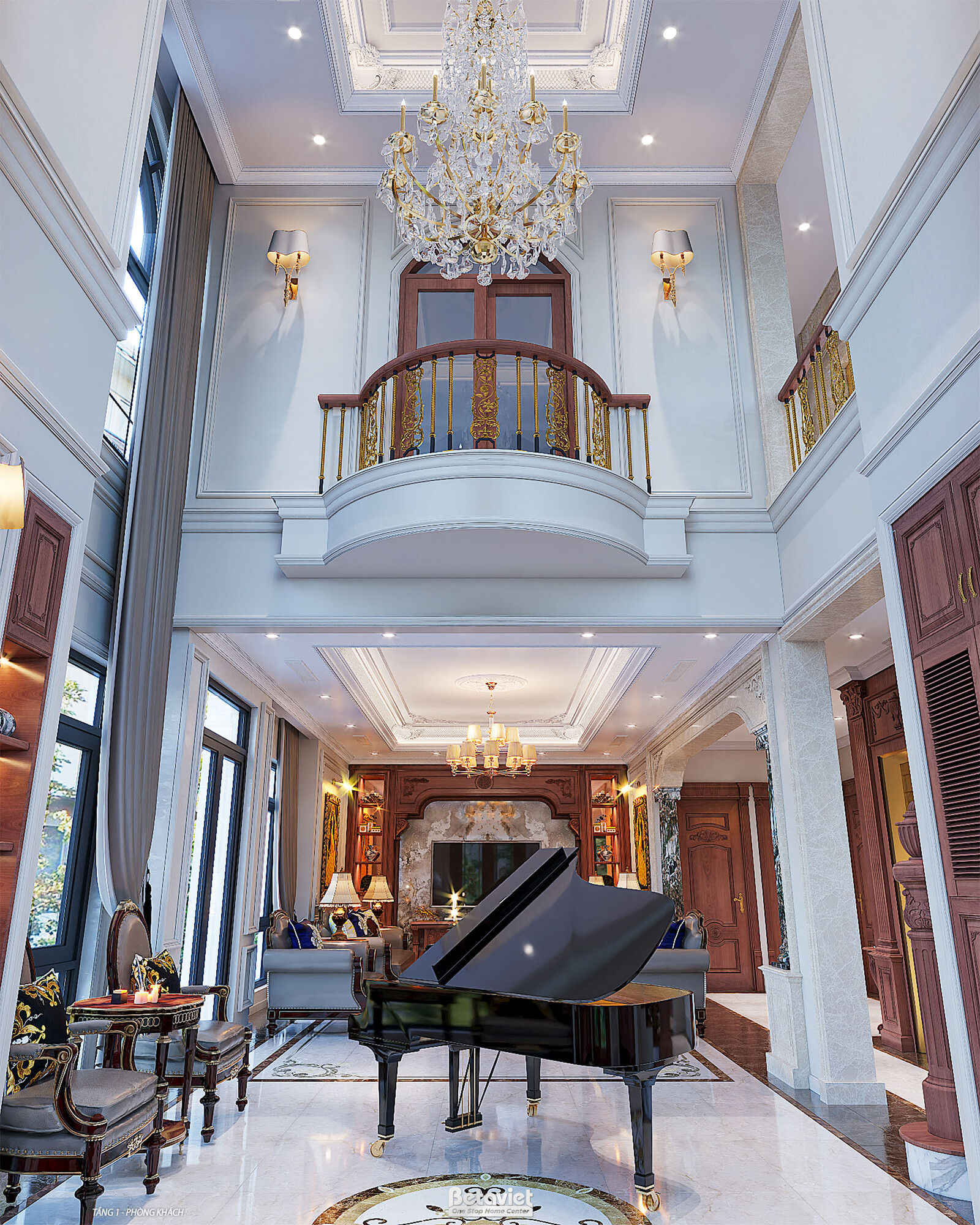 Nội thất đại sảnh biệt thự tân cổ điển KT2008131 – góc nhìn tổng thể
