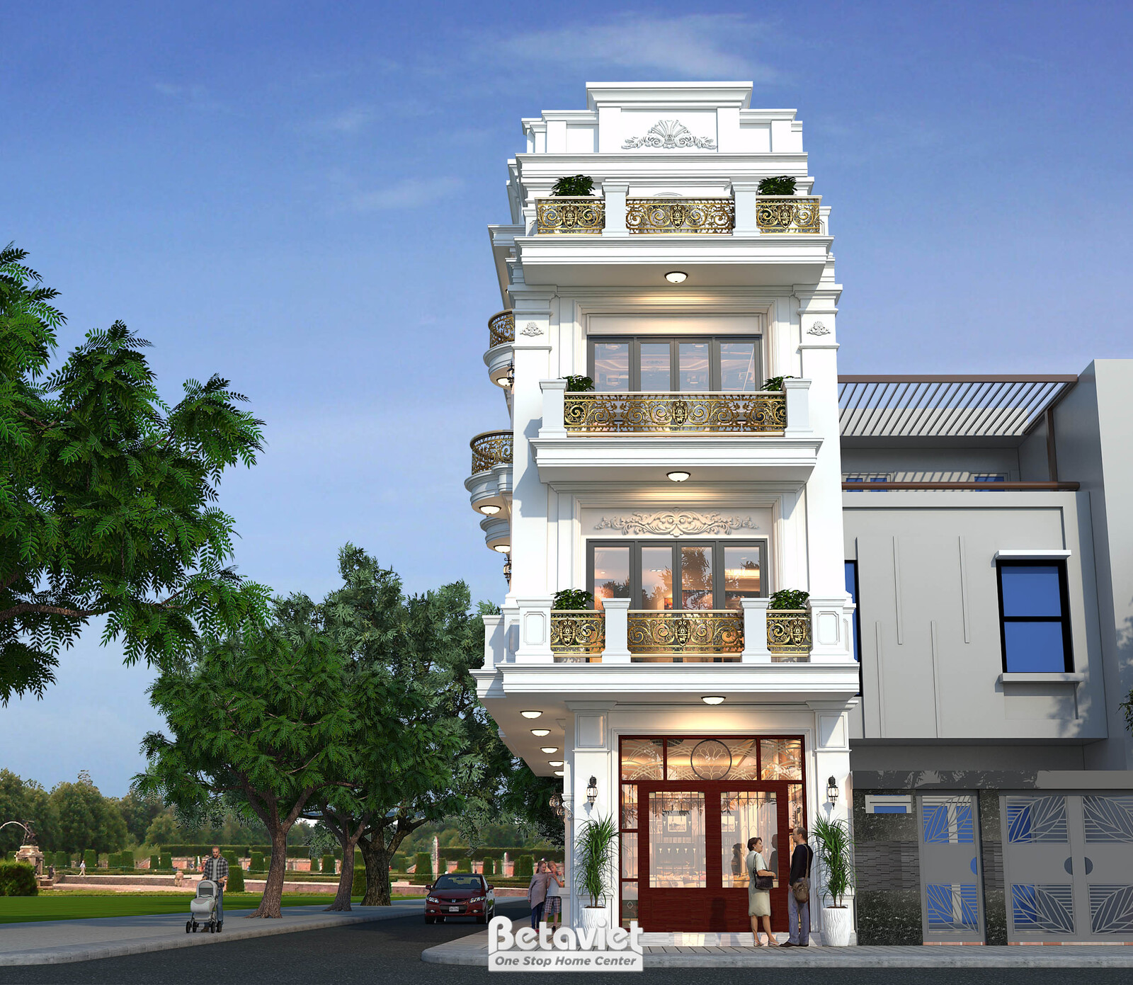 Góc nhìn xiên từ vỉa hè lúc chập tối, công trình liền kề màu xanh dương bên phải; người dắt chó đi bộ trước cửa, đèn vàng…